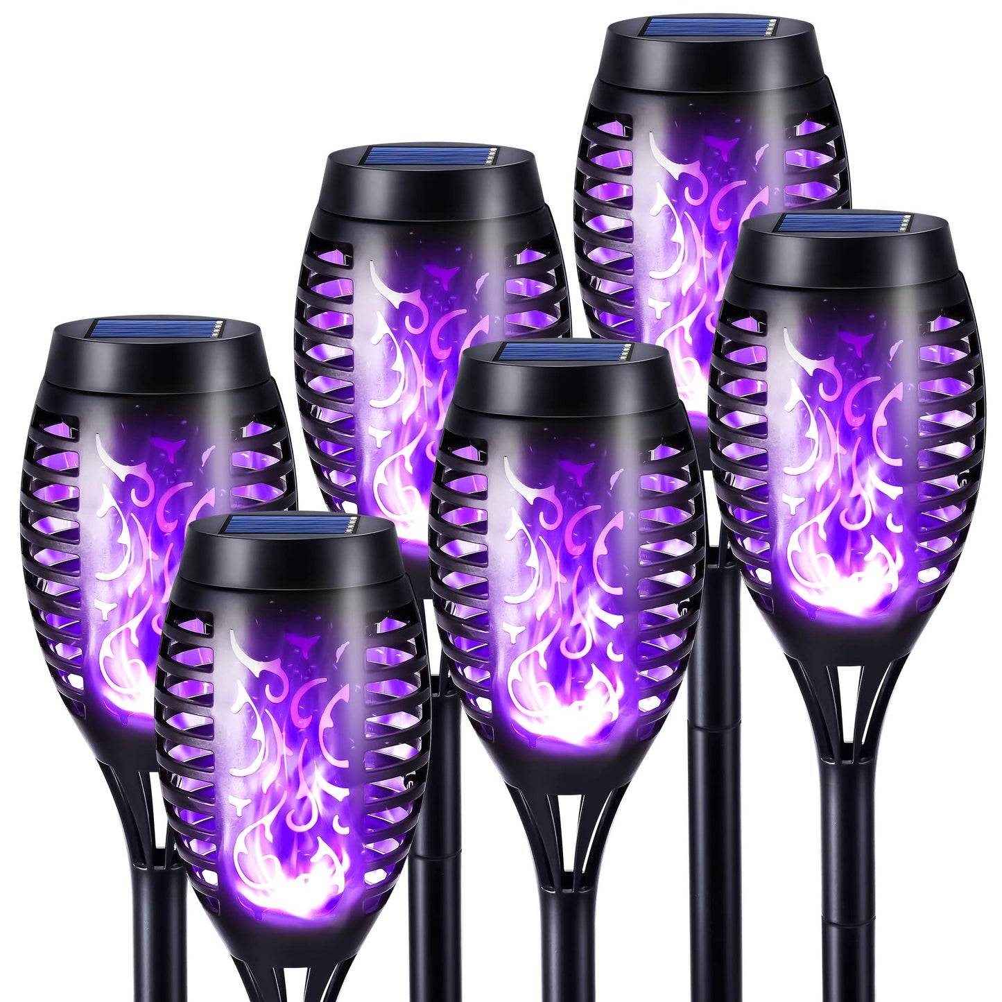 Geemoo 6 Pack Solar Flickering Dancing Flame Lights Purple Waterproof Solar Torch Lights for Outdoor Garden Patio Pathway Yard Driveway Halloween Decorative