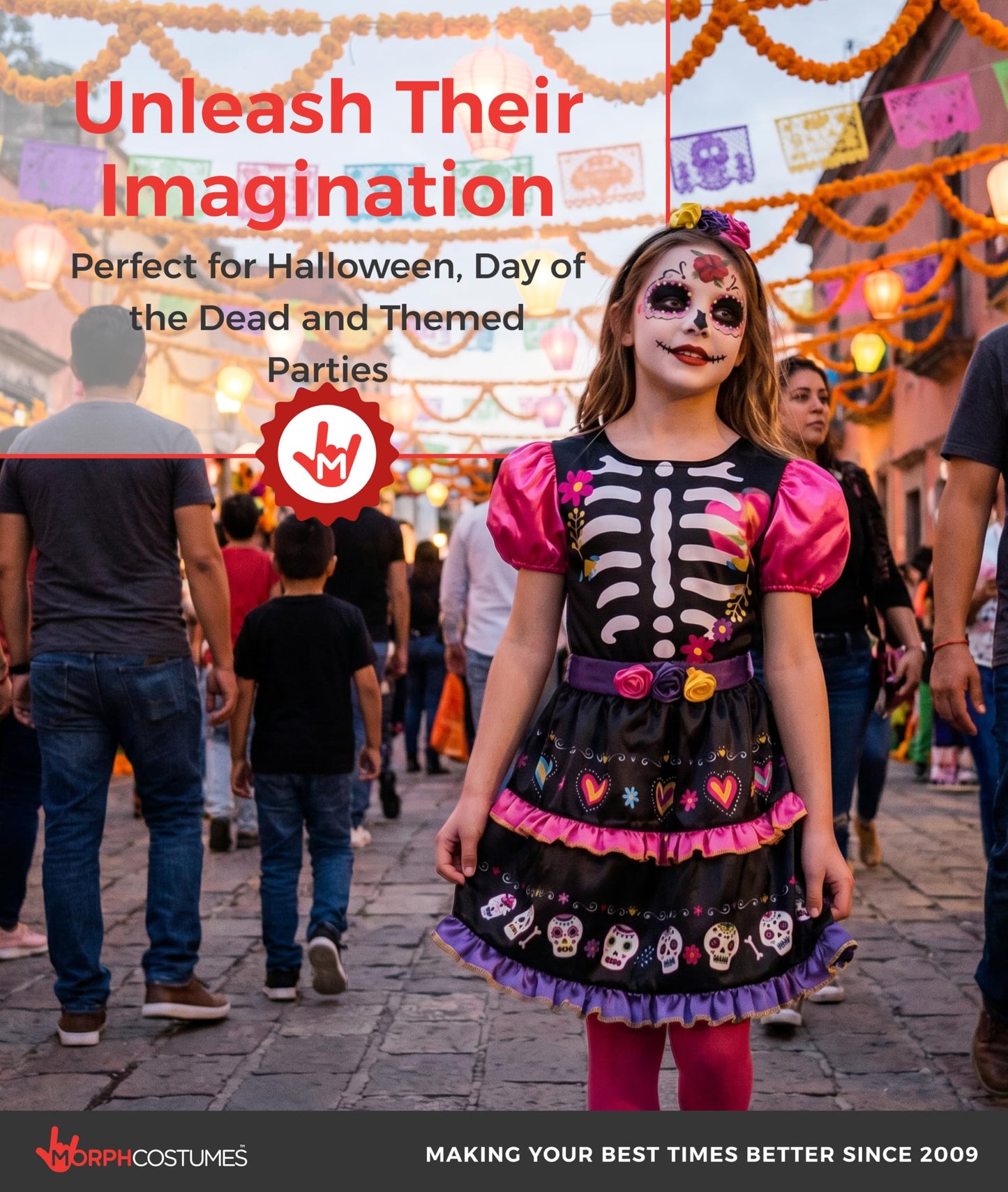 Morph Day Of The Dead Costume For Girls - Sugar Skull Dress Up Outfit For Kids - Halloween Costume Accessory, 7-9 Years