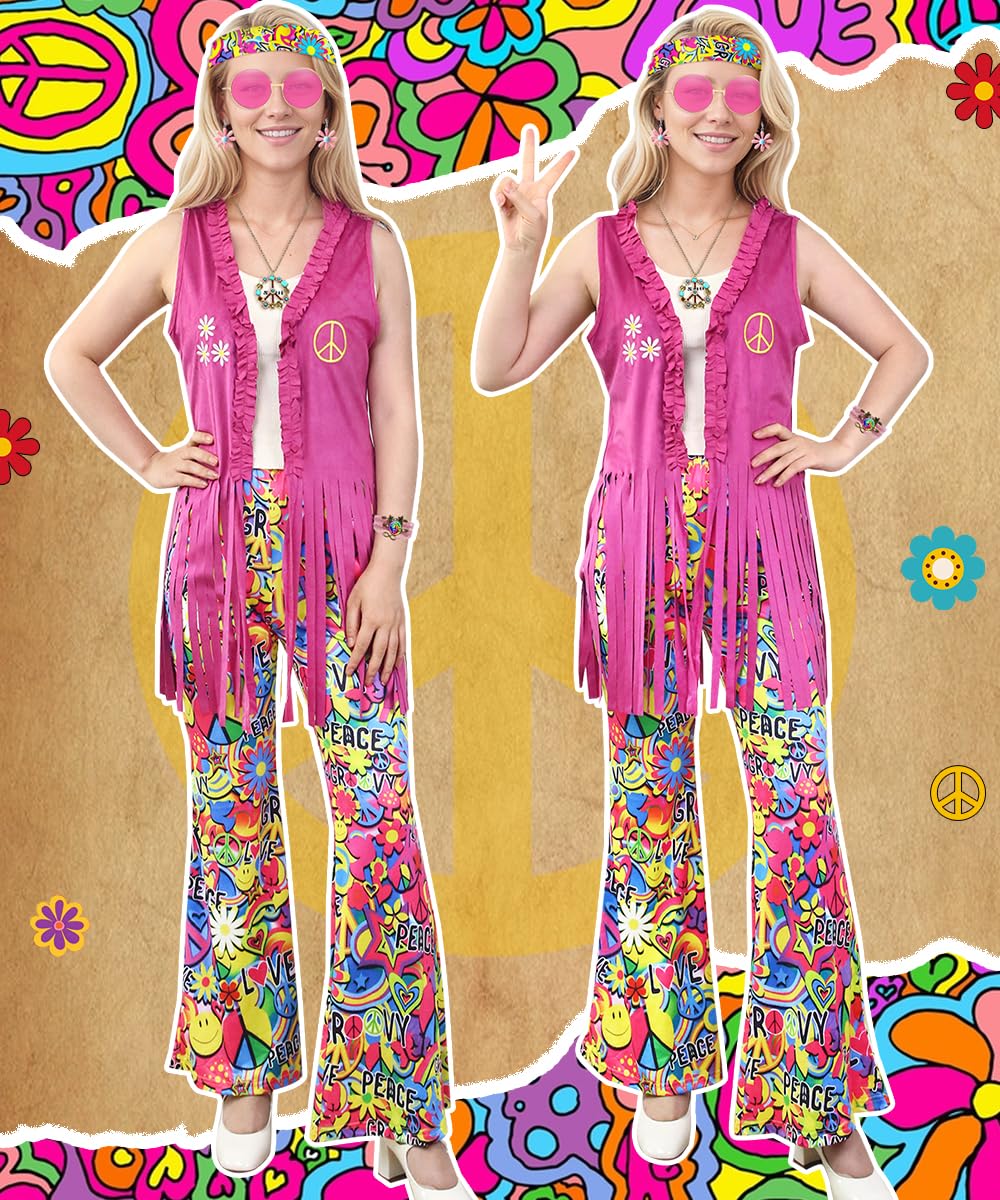 COYBTO 70s Fancy Dress Women, Hippie Costume with Fringe Vest Flared Pants Necklace Set, 60s 70s Disco Fancy Dress, 1970s Retro Hippie Outfit Hippy Clothes for Carnival Cosplay Party
