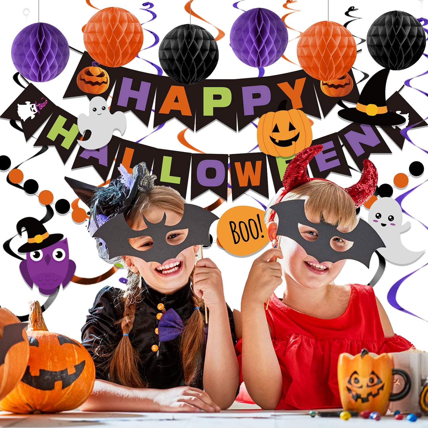 Happy Halloween Banner Decorations - Honeycomb Ball & Swirl Streamer Circle Dot Garland