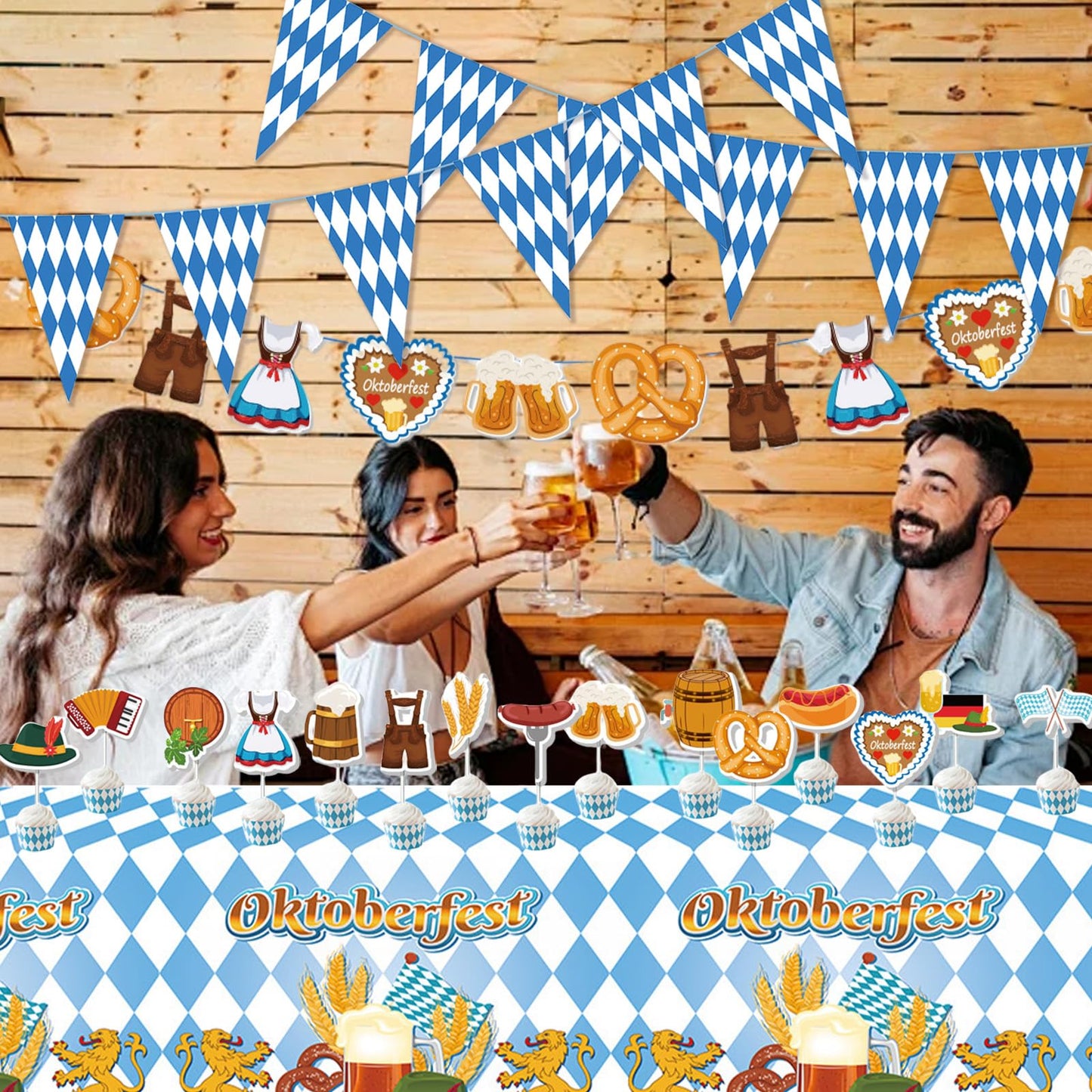 AYNKH Bavaria Oktoberfest Party Decoration Sets, Oktoberfest Blue White Banners Pennant Tablecloth Napkins Cake Topper Festival Supplies for German Beer Party