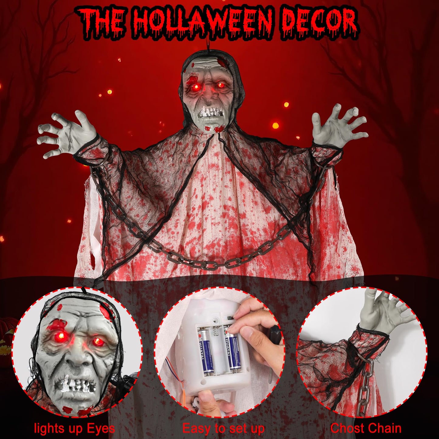 79” Halloween Hanging Chain Ghost Decorations Outdoor, Talking Ghost Decor Light Up Eyes Sound Activated, Outside Indoor Decoration for Lawn Yard Garden White