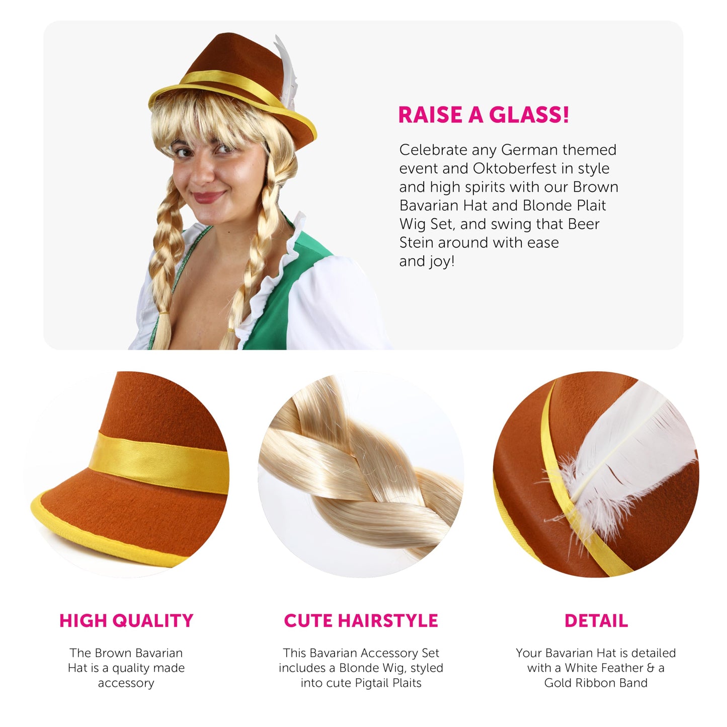 ladies Oktoberfest Bavarian Wig and Hat Set - Brown & Yellow Bavarian Hat and Blonde Plait Wig - Adults Oktoberfest Fancy Dress Accessory Set