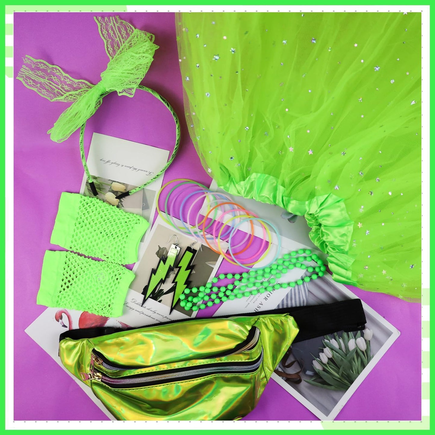 Glirop Ladies 80s Fancy Dress Costume, 1980s Costume Outfits Accessories Set with T-Shirt Tutu Skirt Bag Gloves Headband Earrings Necklace Bracelets for Women Girls Retro Theme Hen Party