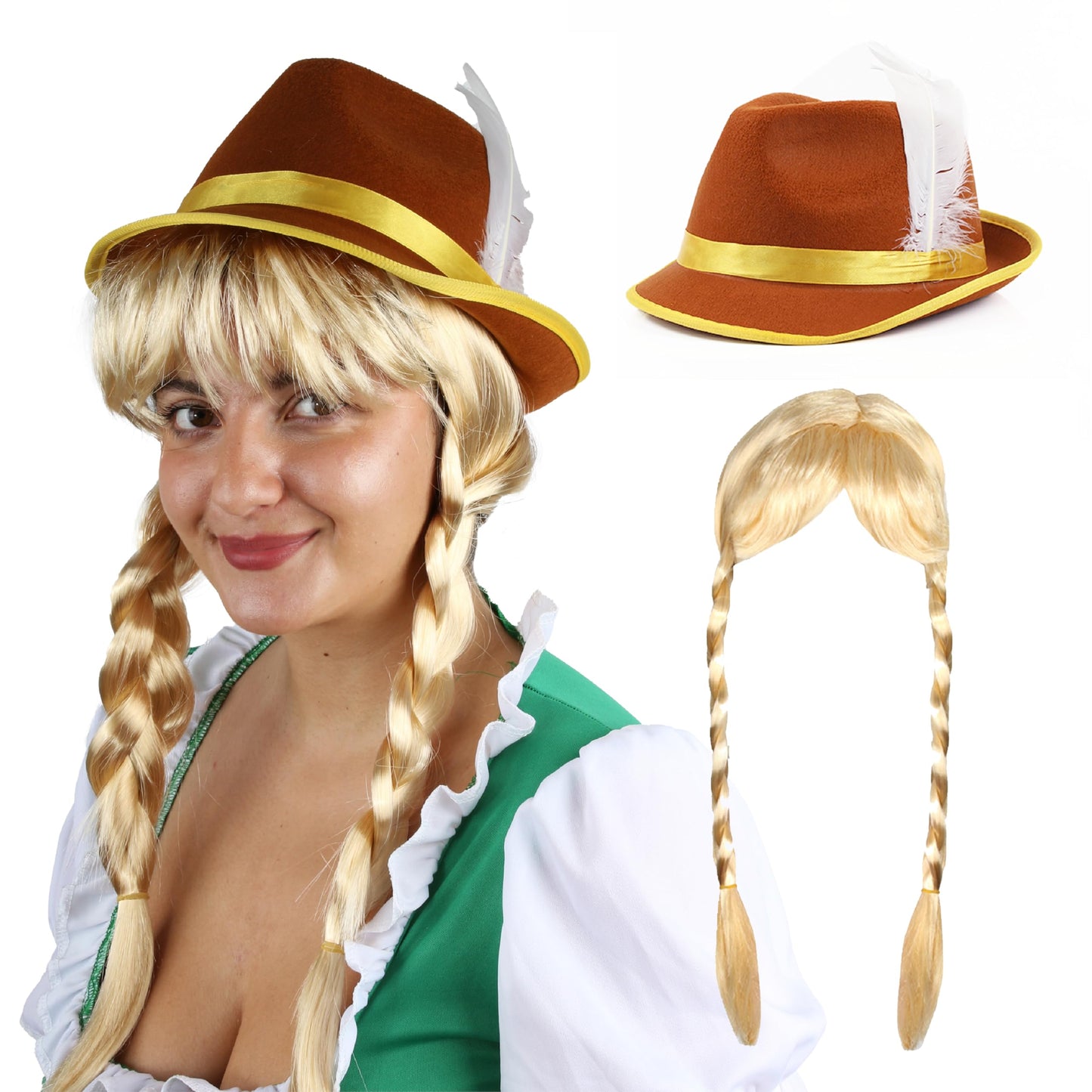 ladies Oktoberfest Bavarian Wig and Hat Set - Brown & Yellow Bavarian Hat and Blonde Plait Wig - Adults Oktoberfest Fancy Dress Accessory Set