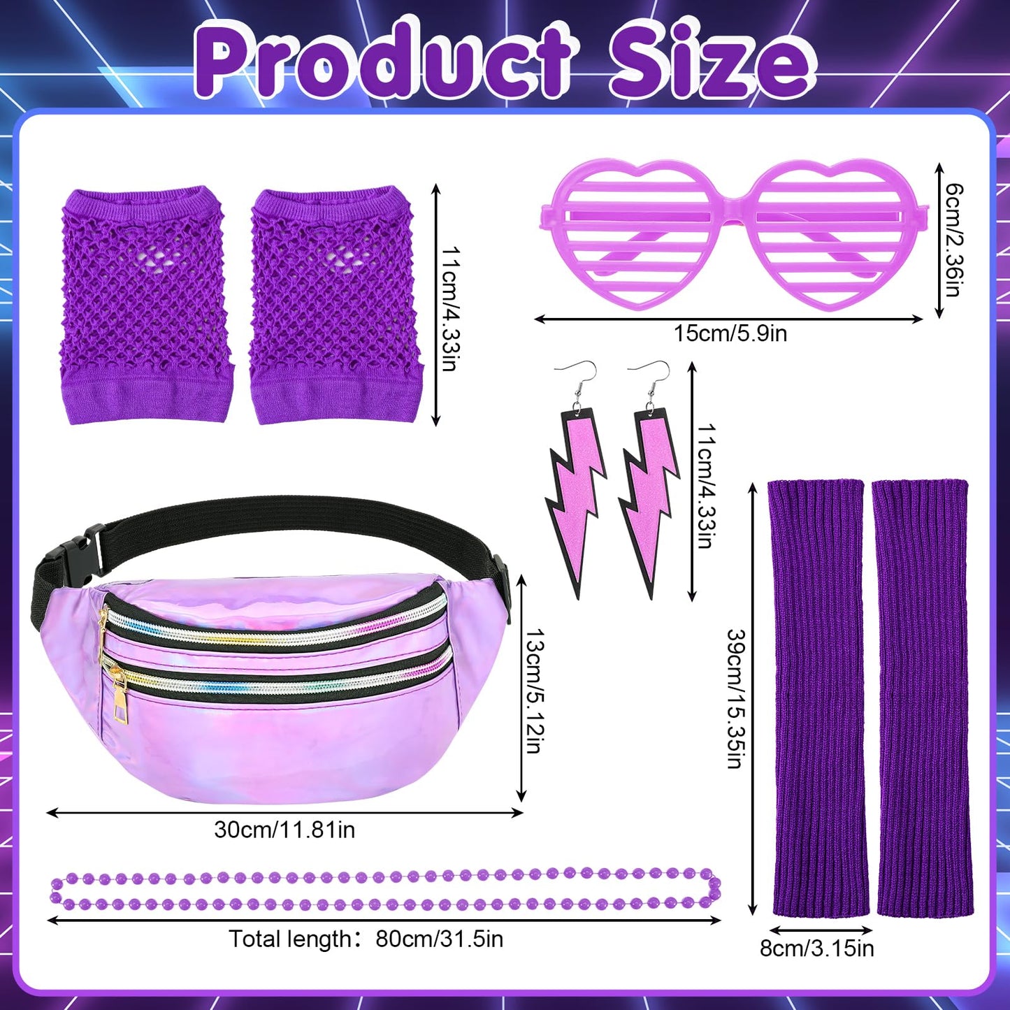 ViEinkaufen 80s Fancy Dress for women, 90s Fancy Dress Costumes Set Waist Bag Neon Leg Warmers Fishnet Gloves Sunglasses Earrings Necklace Neon Party Accessories