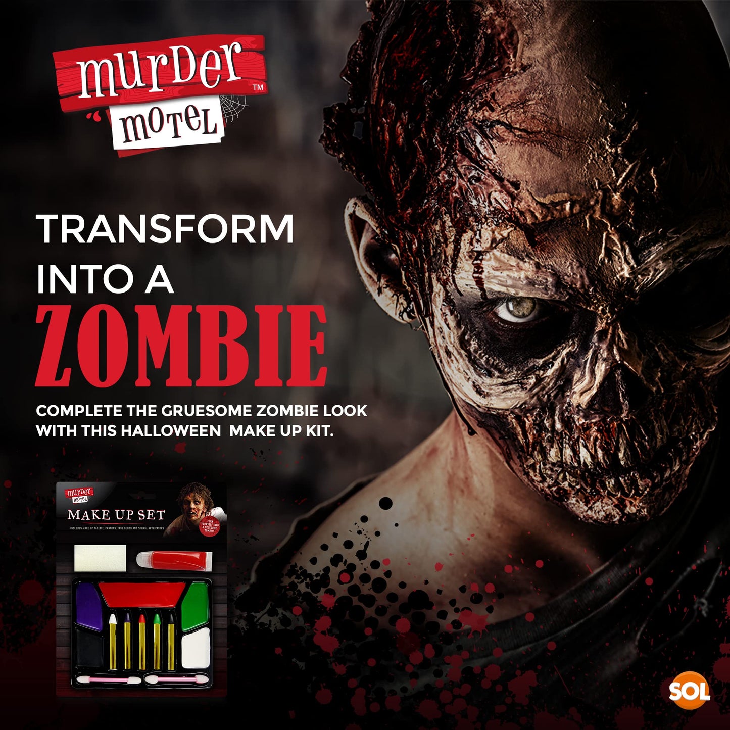 SOL 1pk Zombie Makeup Set, Includes Face Paint Colour Palette, Crayons, Fake Blood and Sponge, Halloween Vampire SFX Make Up Kit for Children, Special Effects Face Paint Set for KIds and Adults