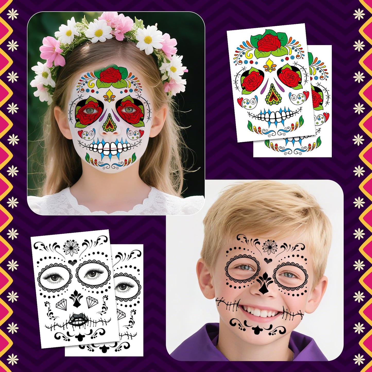 Leesgel Day of the Dead Costumes Face Tattoo, 9 Sheets Temporary Tattoos Stickers for Day of the Dead Mask Face Paint Makeup Accessories, Dia de Los Muertos Halloween Decorations