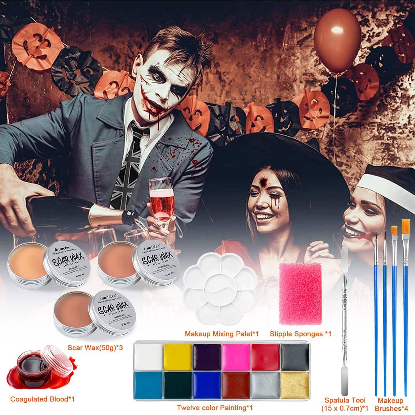 immetee SFX Makeup Kit, Halloween Special Effect Face Body Paint Stage Makeup, Face Paint Palette+3 Scar Wax+1 Fake Blood+4 Paint Brushes+1 Paint Spatula+1 Face Paint Sponge+1 Paint Palette.