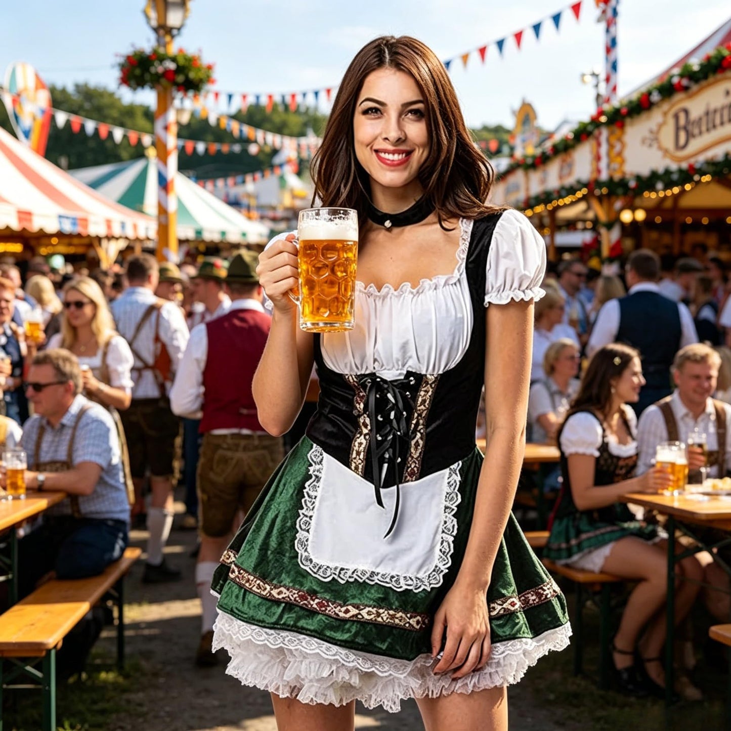 maxToonrain Oktoberfest Outfit Women Puff Sleeve Velvet Bavarian Beer Maid Dress with Foral Embroidery, Lace Trim, Apron & Choker for Halloween, Themed Parties & Beer Festivals (Olive Green, S)