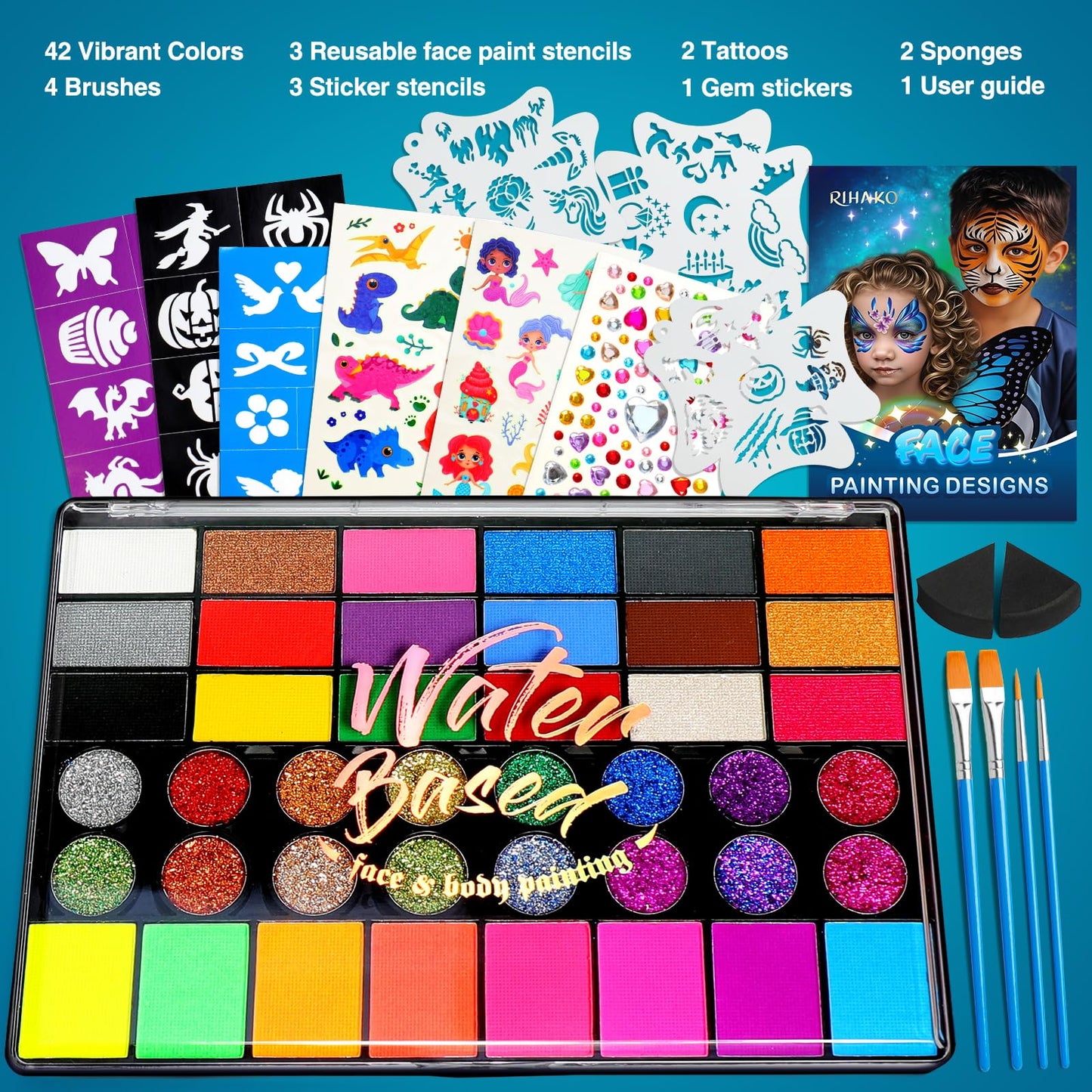 Face Painting Kit for Kids, 42 Colors Professional Face Paint Kit, Body Paint Set with Stencils, Brush, Gems, for Carnival, Halloween, Costume Makeup, Children's Day, Parent-Child Companionship Gifts