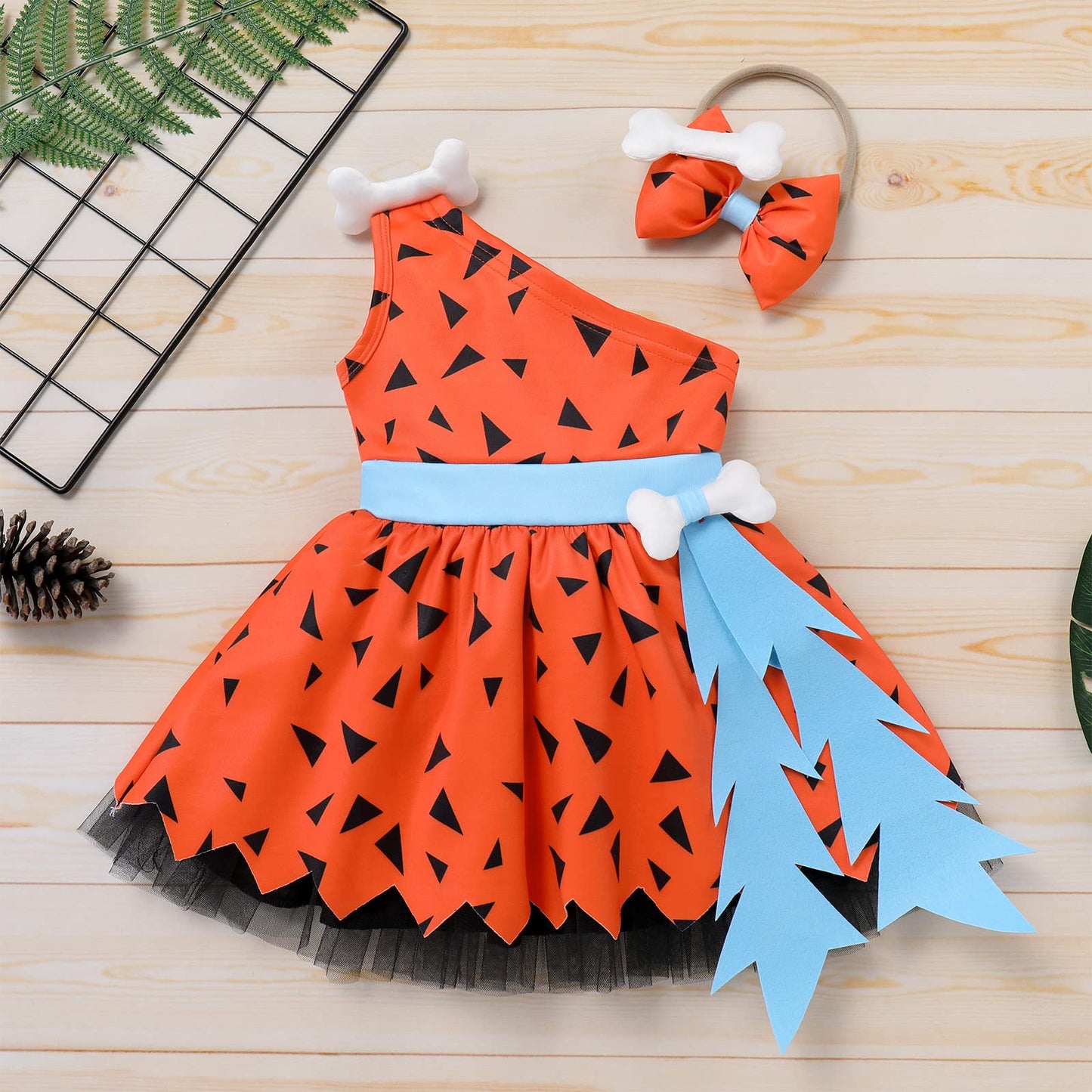 Kids Toddler Infant Baby Costume Historical Stone Age Cave Girl Fancy Dress Up One Shoudler Dress Bone Headband 1st Birthday Outfit Halloween Cosplay Orange Girl 6-12Months