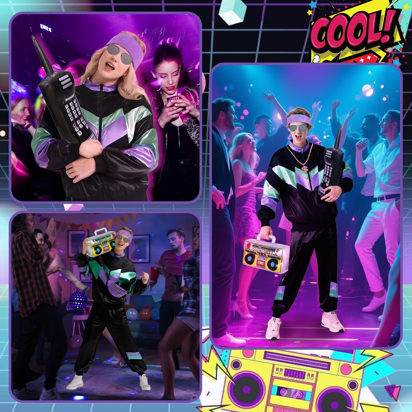 80s 90s Fancy Dress Men with Accessories, Retro 80s 90s Hip Hop Outfit for Adults, 80s Fancy Dress Set with 1 Sportswear Pant Necklace Balloon Radio Glasses Waist Bag Headband, 80s Party Carnival-L