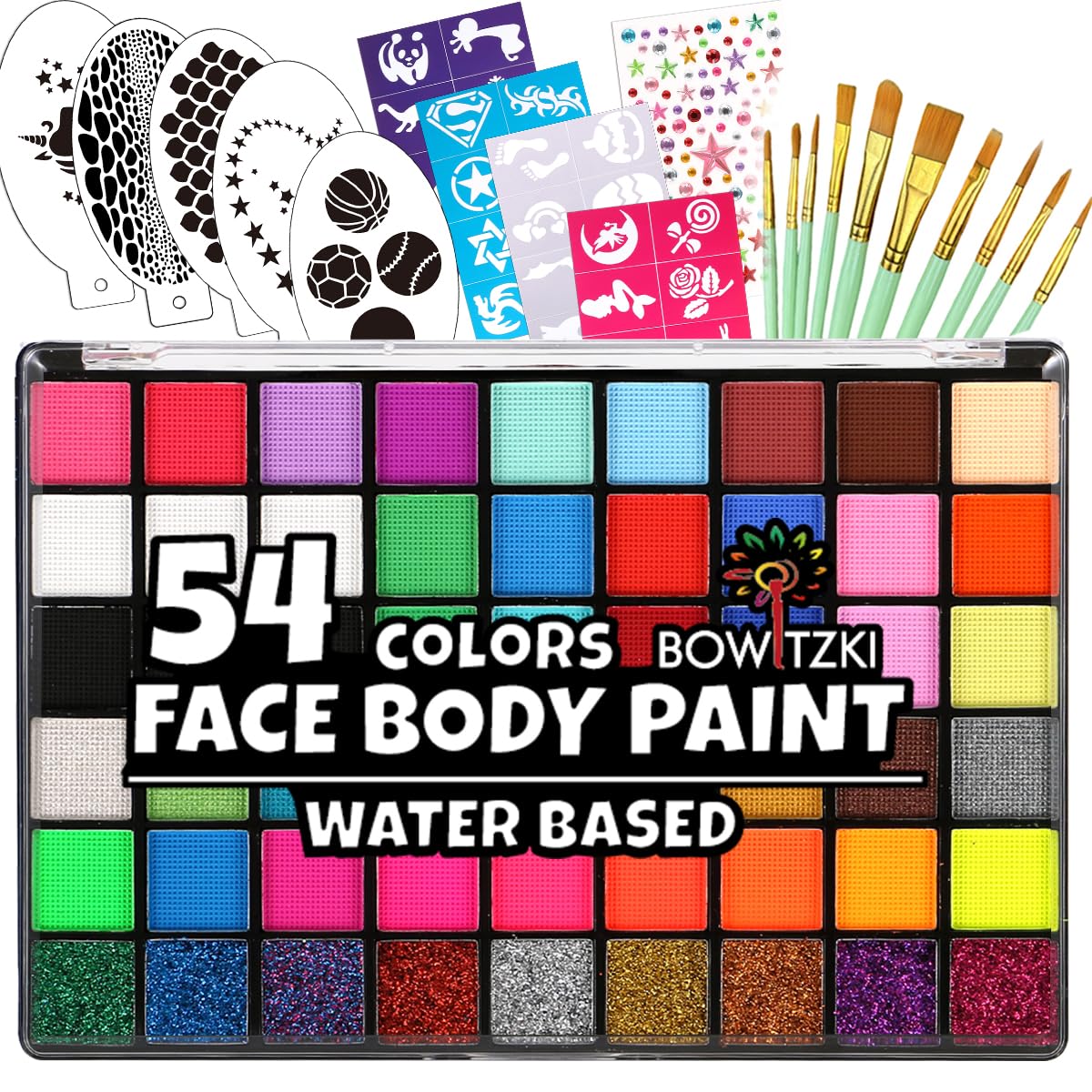 Bowitzki Face Paint Kit with 50 Colors, 8 sheets Stencils, 2 Glitters,10 Brushes, 1 Sheet Gems, Water Based Face Painting Kit, Safe Professional Halloween Party Makeup Set