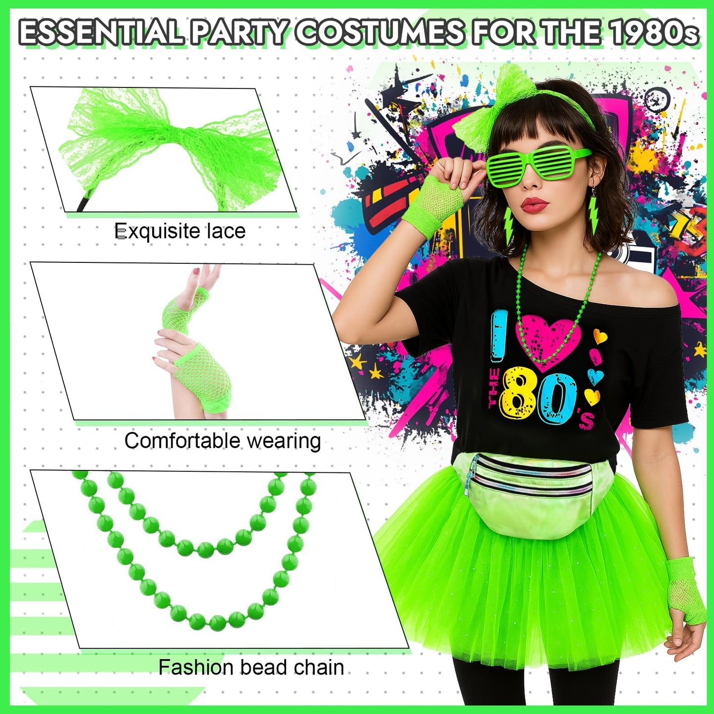 Glirop Ladies 80s Fancy Dress Costume, 1980s Costume Outfits Accessories Set with T-Shirt Tutu Skirt Bag Gloves Headband Earrings Necklace Bracelets for Women Girls Retro Theme Hen Party
