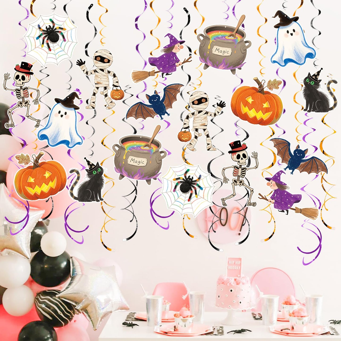Vsosfiza Halloween Hanging Swirl Set Party Decorations, 48 Pcs,Ghost Pumpkin Skull Cat Witch Party Supplies Sign,Black purple Orange