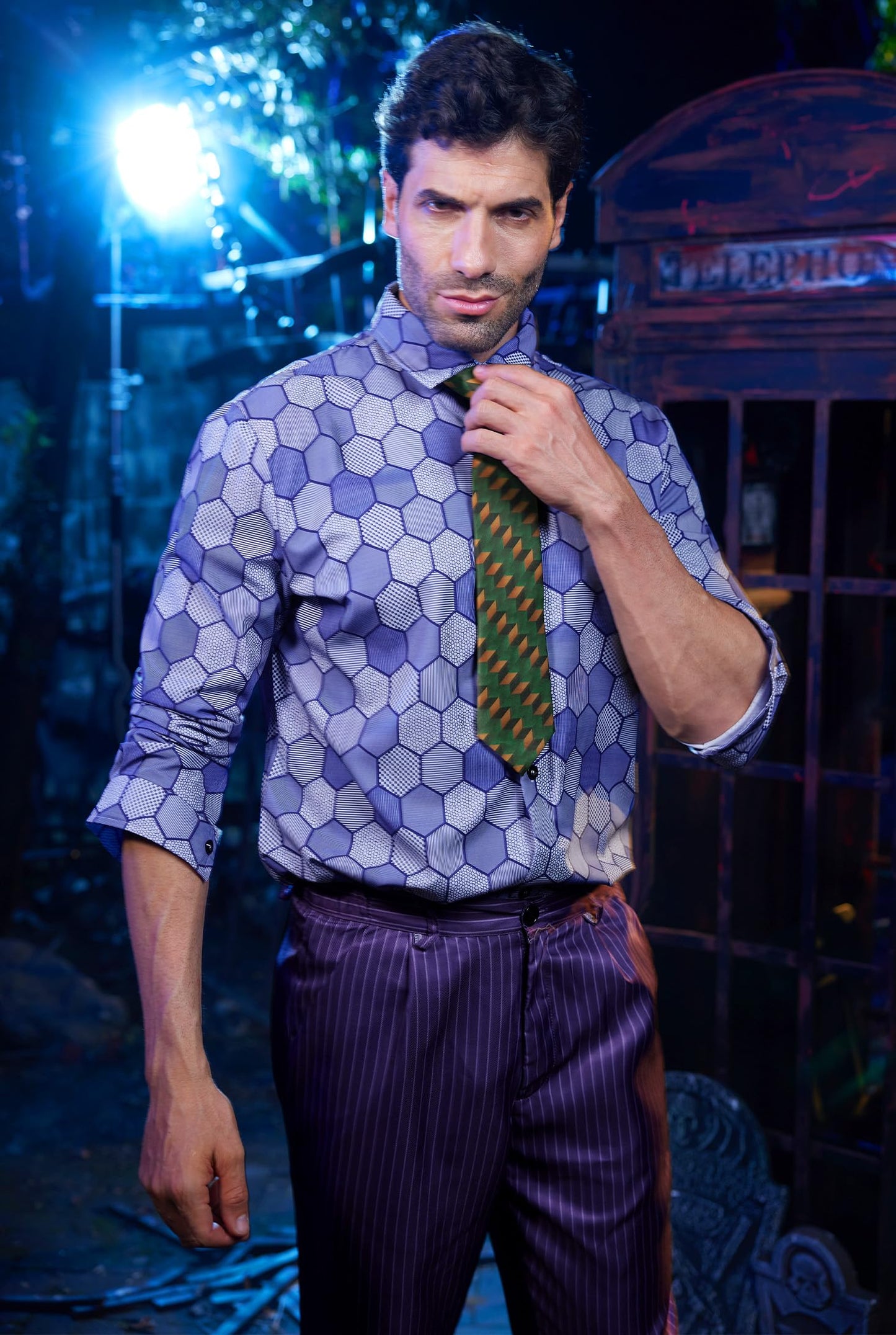 Mainfini Mens Joker Costumes Halloween Theme Party Funny Classic Dark Horror Knight Movie Cosplay Regular Fit Novelty Purper Graphic Shirt Green wasitcoat Tie Suit Outfit Adult 3 Piece Set M