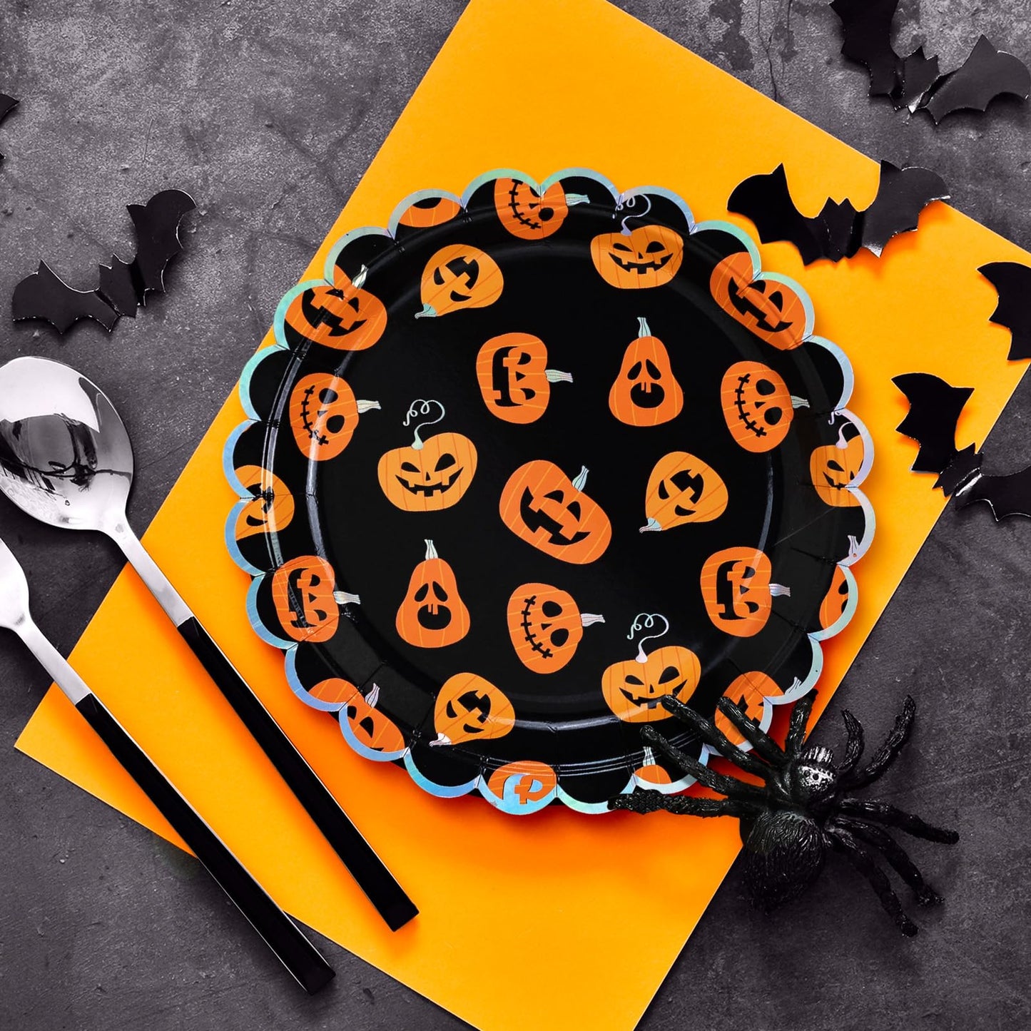 Halloween Paper Plates, 50-Count Disposable Halloween Dinner Plates, Scalloped, Party Supplies, Jack O' Lantern, Iridescent Silver Foil