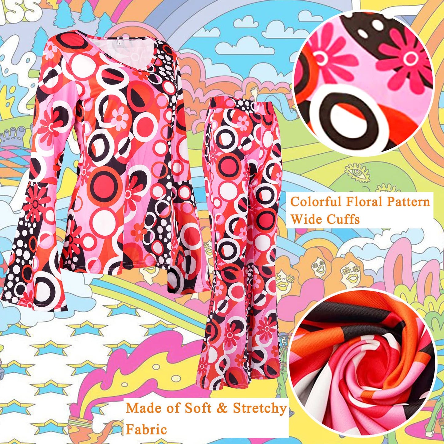 YADODO 60s 70s Fancy Dress Women Disco with Hippie Costume Flared Trousers Clothes Hippy Accessories Fancy Dress for Women Adult 1970s 1960s 70 Style Ladies Pink Flower Power