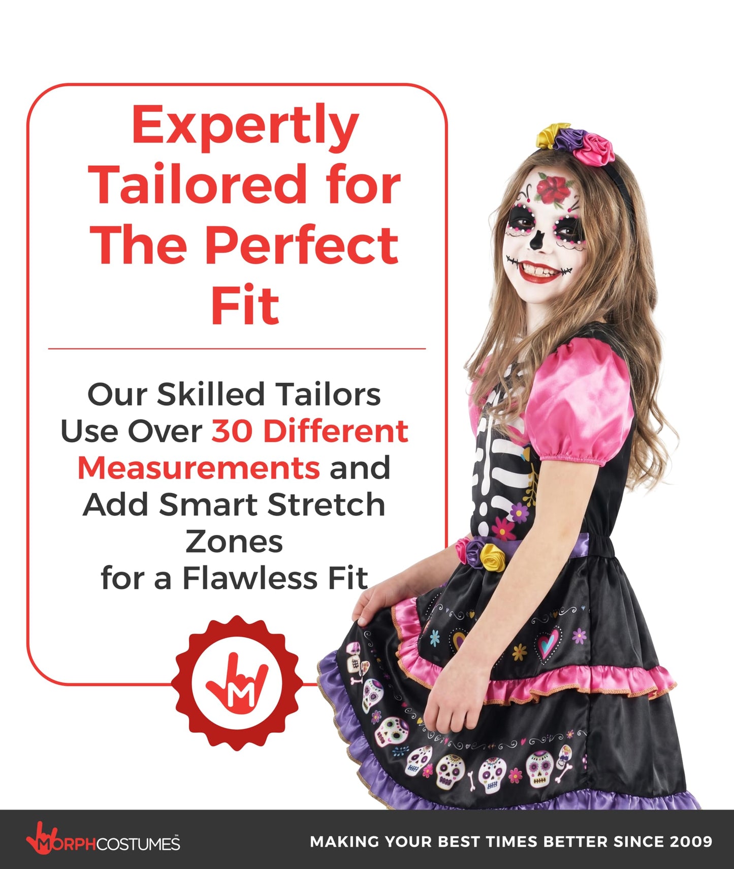 Morph Day Of The Dead Costume For Girls - Sugar Skull Dress Up Outfit For Kids - Halloween Costume Accessory, 7-9 Years