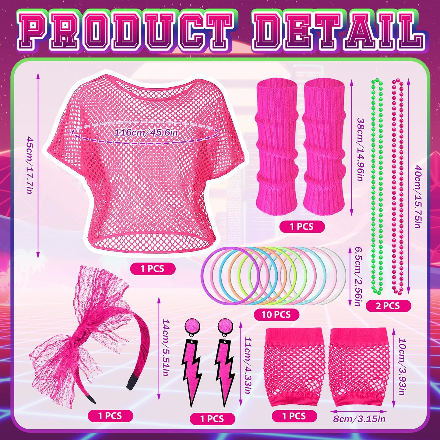 Shepinsky 80s Fancy Dress for Women,1980s Fancy Party Costumes Accessories Set,80s Outfits Neon Mesh T-Shirt,Leg Warmers Fishnet Gloves Headband Earrings Bracelets Necklaces for Retro Party Dress up