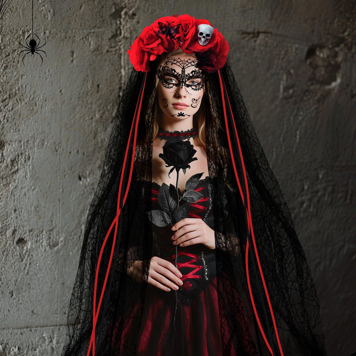 Yotako Day of the Dead Costumes for Women, Day of the Dead Headband Accessories, Veil, Tattoo, Black Rose, Necklace, Lace Eye Mask, Dia de Los Muertos Halloween Fancy Dress Costume Accessories