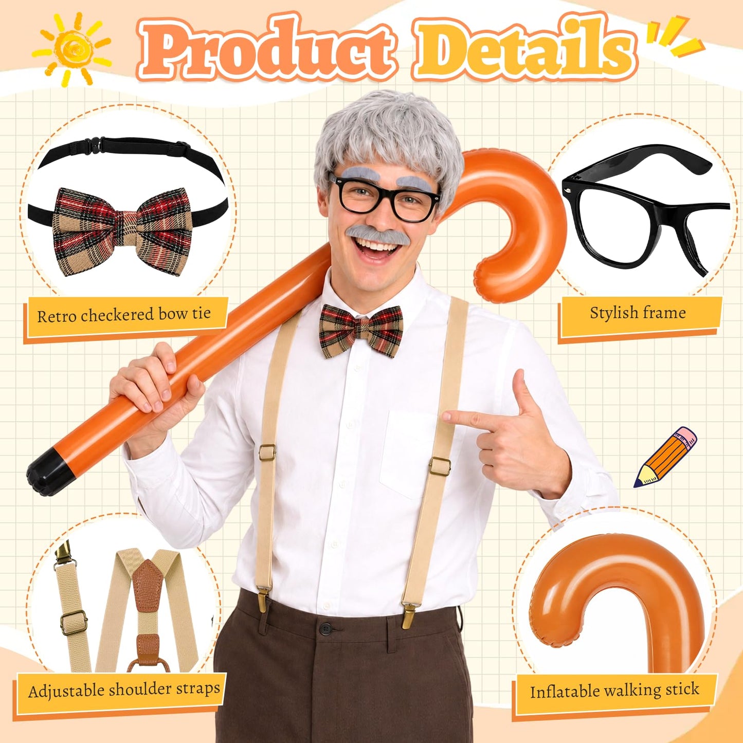GLGHMH 9PCS Old Man Costume Set Grandad Fancy Dress Disguise for Adults Halloween Cosplay