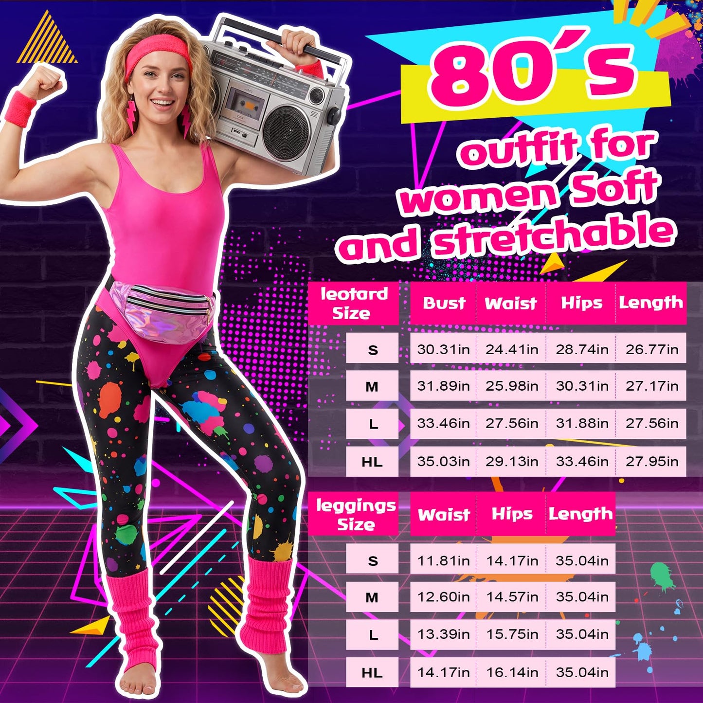 QYCHHJ 80s Fancy Dress for women 80s Costume Outfits 90s Retro Accessories Set for Girls 1980s Workout Costume Fancy Dress Party Kits Adult Aerobics Outfit Yoga Jumpsuit Leotard Legging Headband L