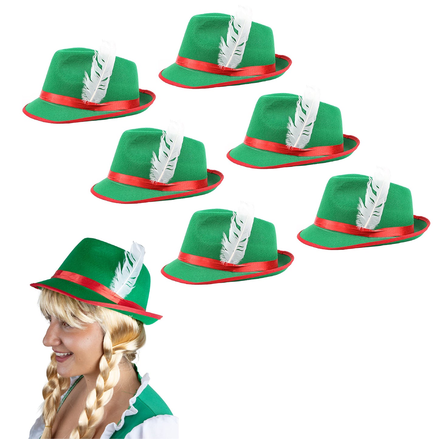 Adults Green Bavarian Hat - Pack of 6 Green and Red Oktoberfest Hat with Feather Detail - Adults German Oktoberfest Fancy Dress Costume Accessory