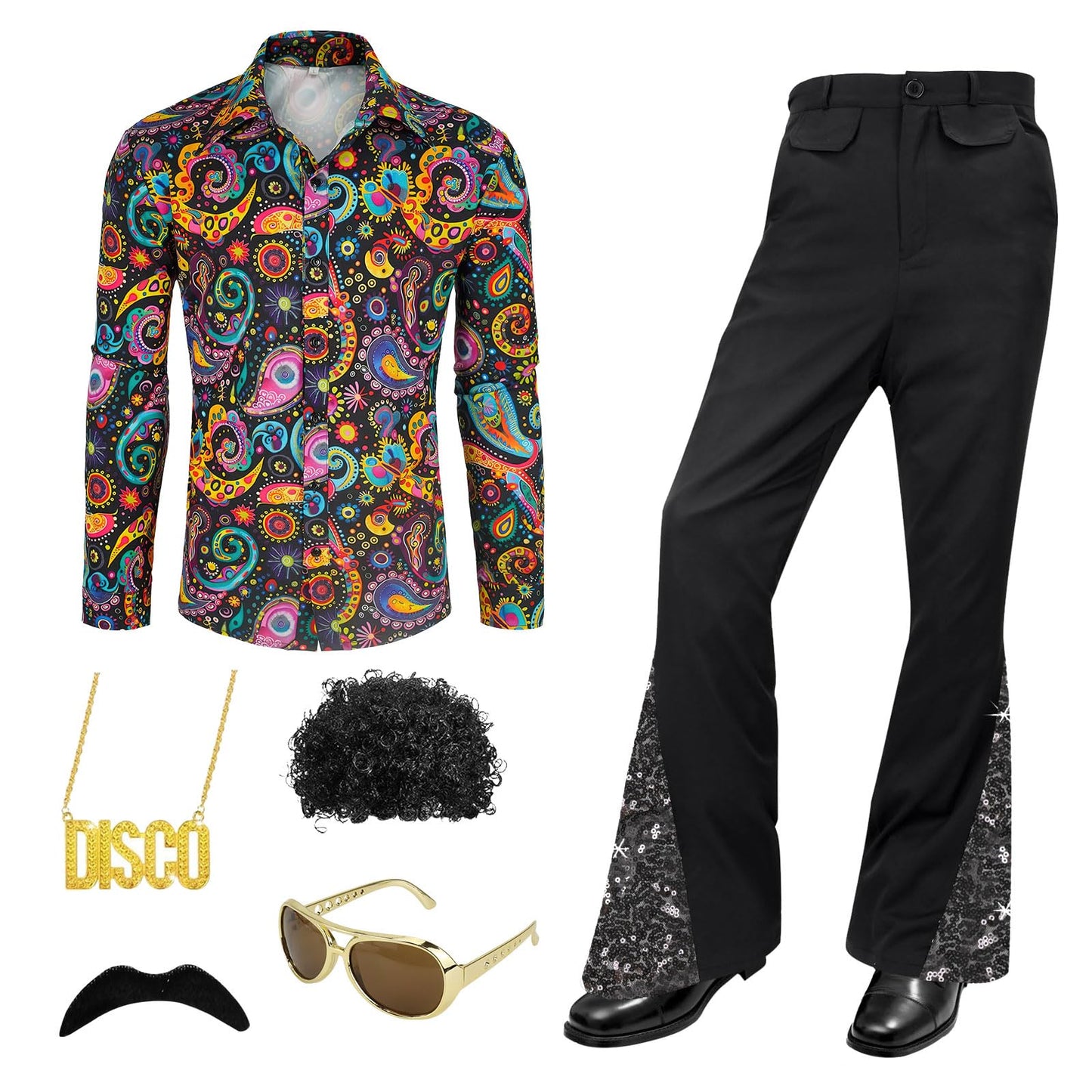 70s Disco Costume Set Hippie Men Outfit with Bell Bottom Pants