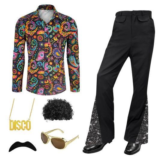 70s Disco Costume Set Hippie Men Outfit with Bell Bottom Pants