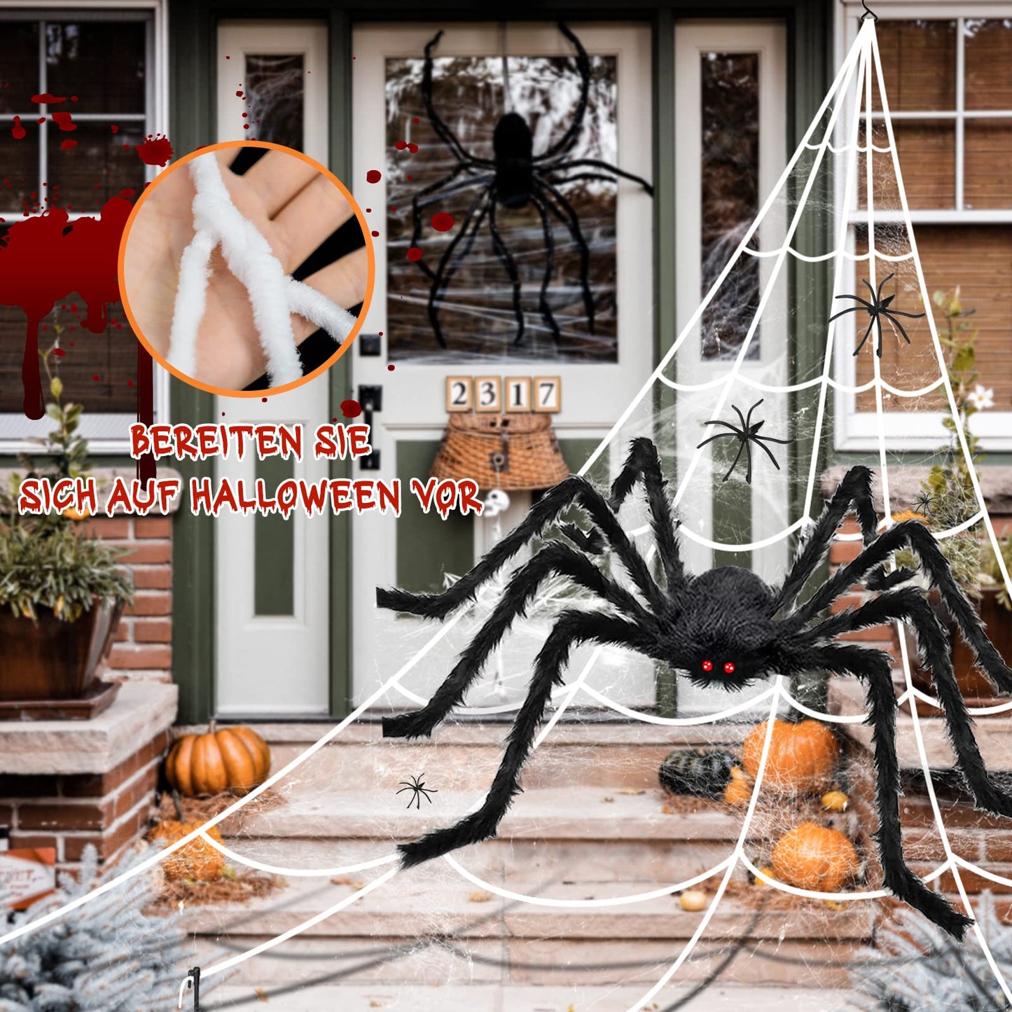 BOSONER Halloween Decorations, 1Pcs 50'' Giant Spider + 200” Triangular Spider Web, with Hook, Stretch Web and Ground Stakes for Indoor Outdoor Halloween Decor Haunted House Props