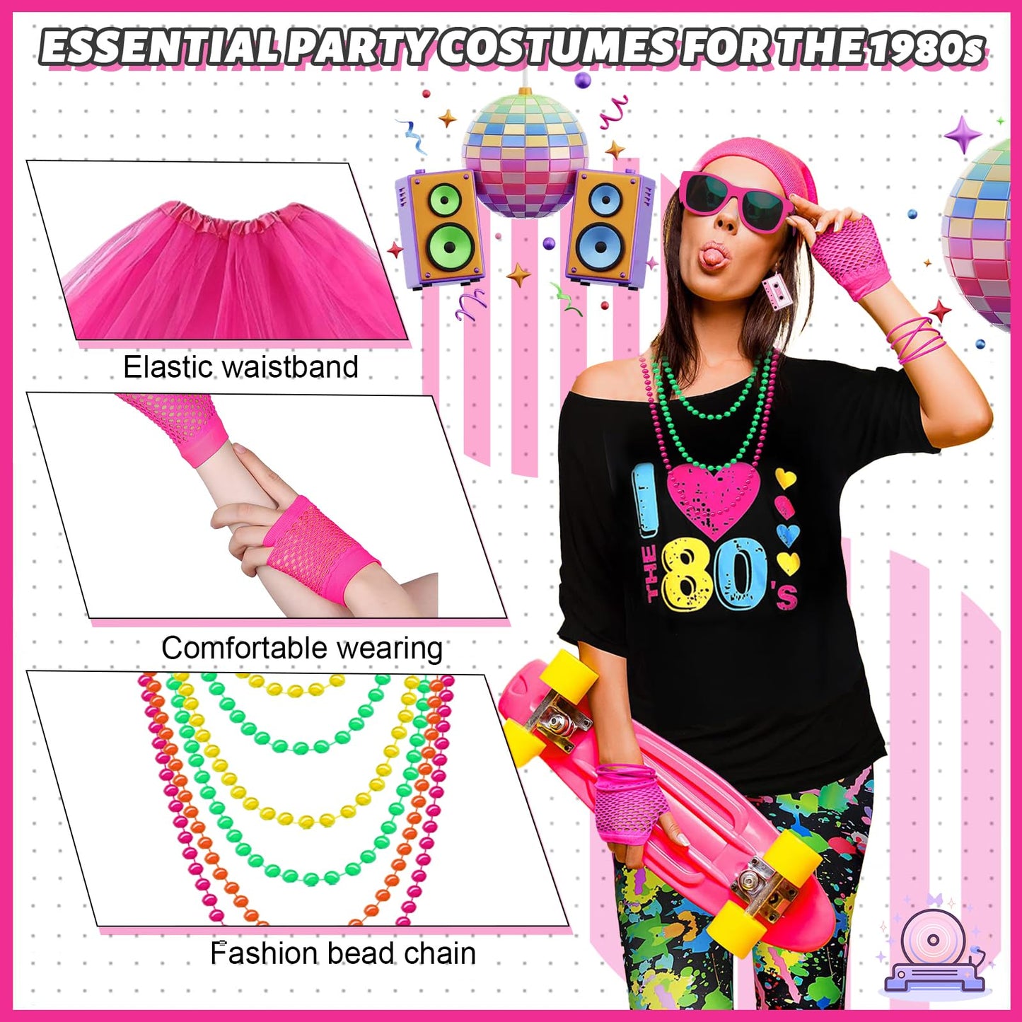 80s Fancy Dress Accessories for Women, Including T-Shirt Tutu Skirt Bumbag Leg Warmers Gloves Glasses Headband Earrings Necklace Bracelets 1980s Costume Outfits for Ladies Girls Hen Party