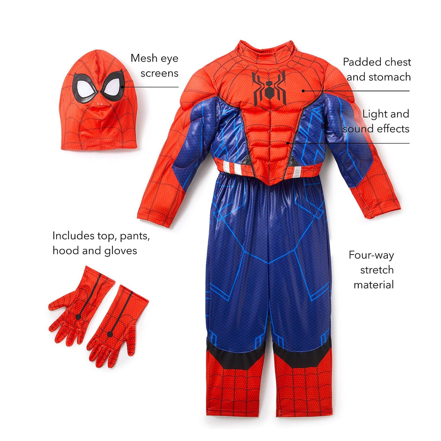 Disney Store Official Spider-Man Costume for Kids – Marvel Superhero Outfit with Muscle Padding, Mask, Gloves, Sound Effects & Light-Up Web Feature