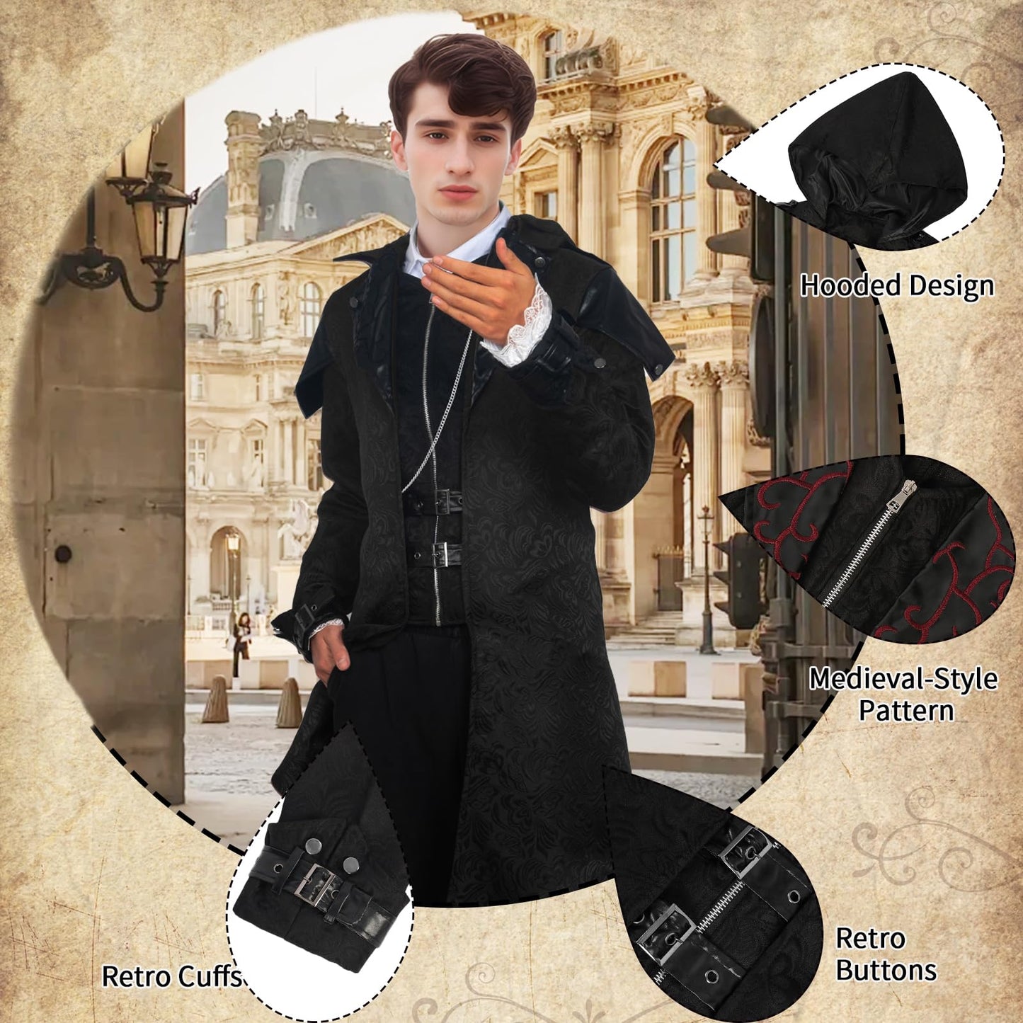 Steampunk Men's Jacket with Hood - Gothic Tailcoat Men's Coat (image 4)