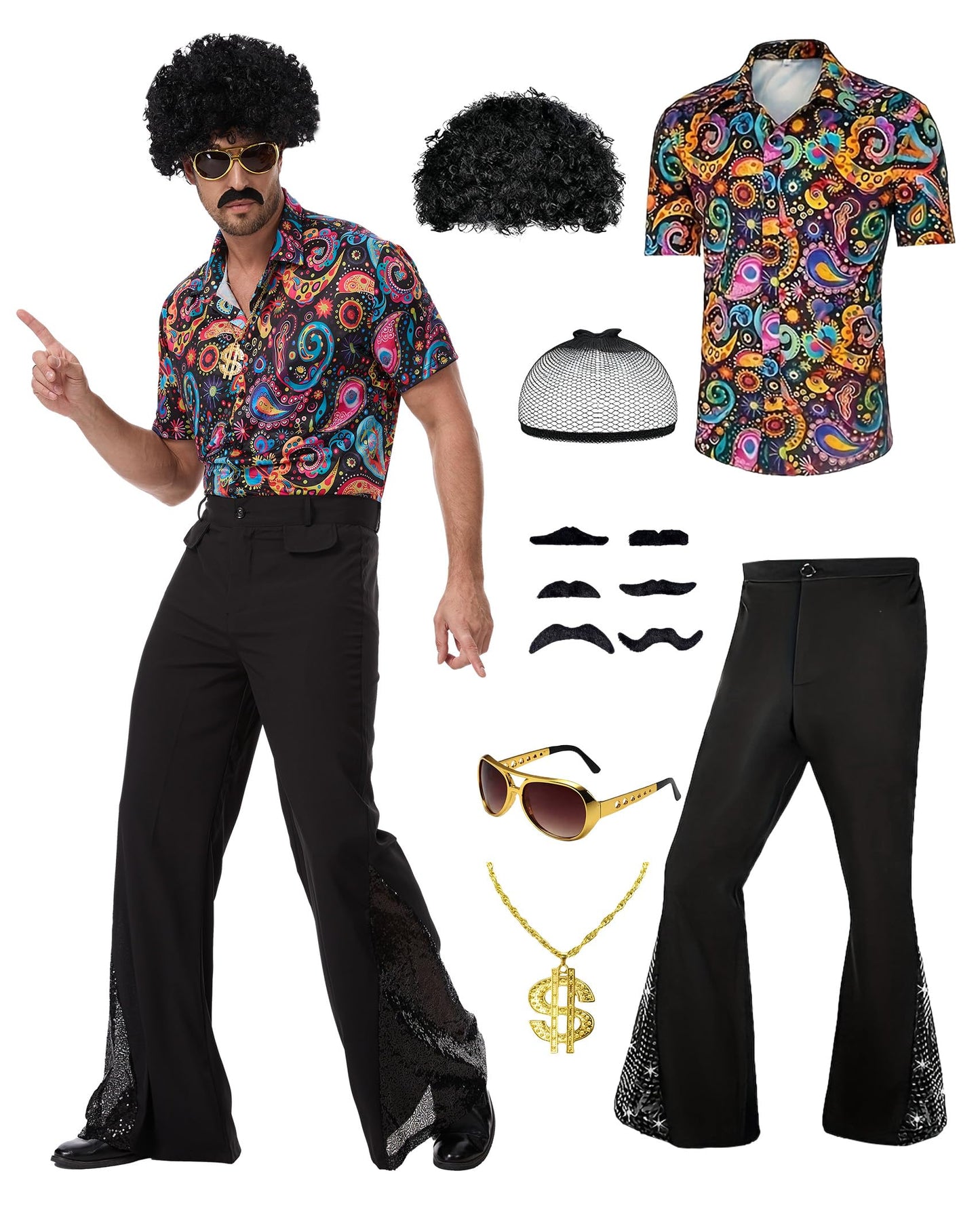 PQCXXA Men's 70s Disco Costume Set - Gold Sequin Shirt & Black Flared Trousers with Dollar Necklace, Sunglasses, Afro Wig & Moustache - Retro 1970s Fancy Dress Outfit for Men (Flower, XL)