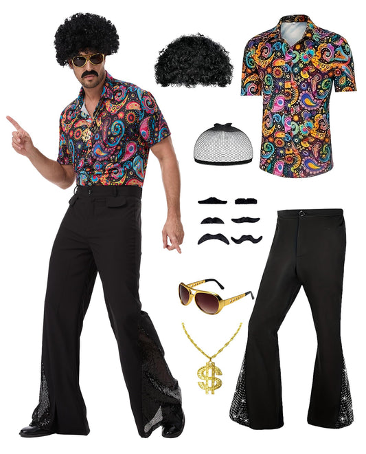 Men's 70s Disco Costume Set - Gold Sequin Shirt & Black Flared