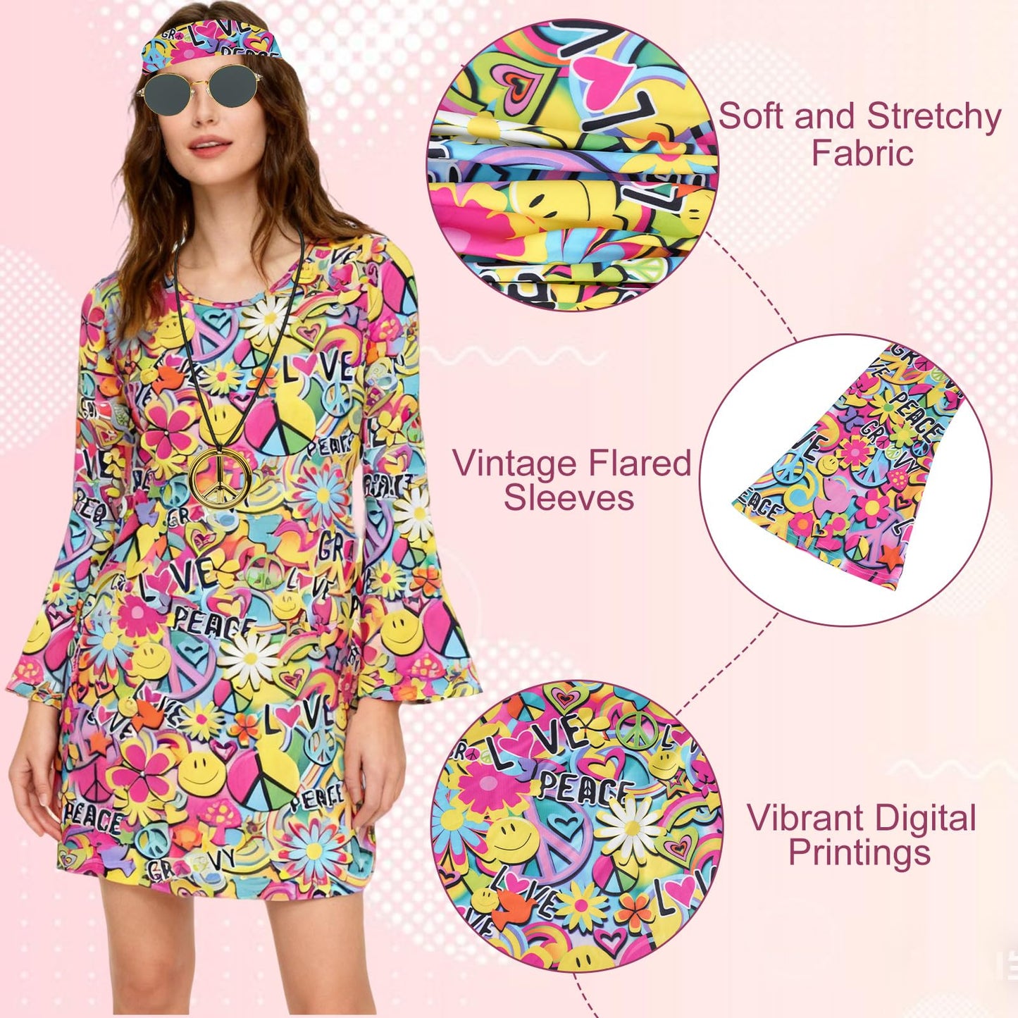 AYBUY Women’s Hippie Dress, 60s 70s Fancy Dress Women Disco Outfit with Necklace, Earrings, Sunglasses and Band, 1960s 1970s Retro Hippy Clothes for Halloween Carnival Cosplay Party, M (Style A