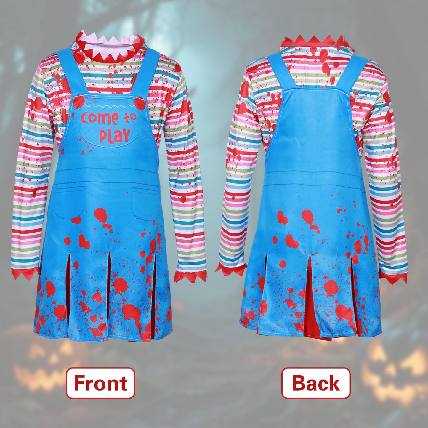 Antsparty Chucky Costume, Halloween Creepy Doll Costume Set with Striped Tops Skirts Socks Stickers, Horror Evil Doll Costumes for Halloween Cosplay