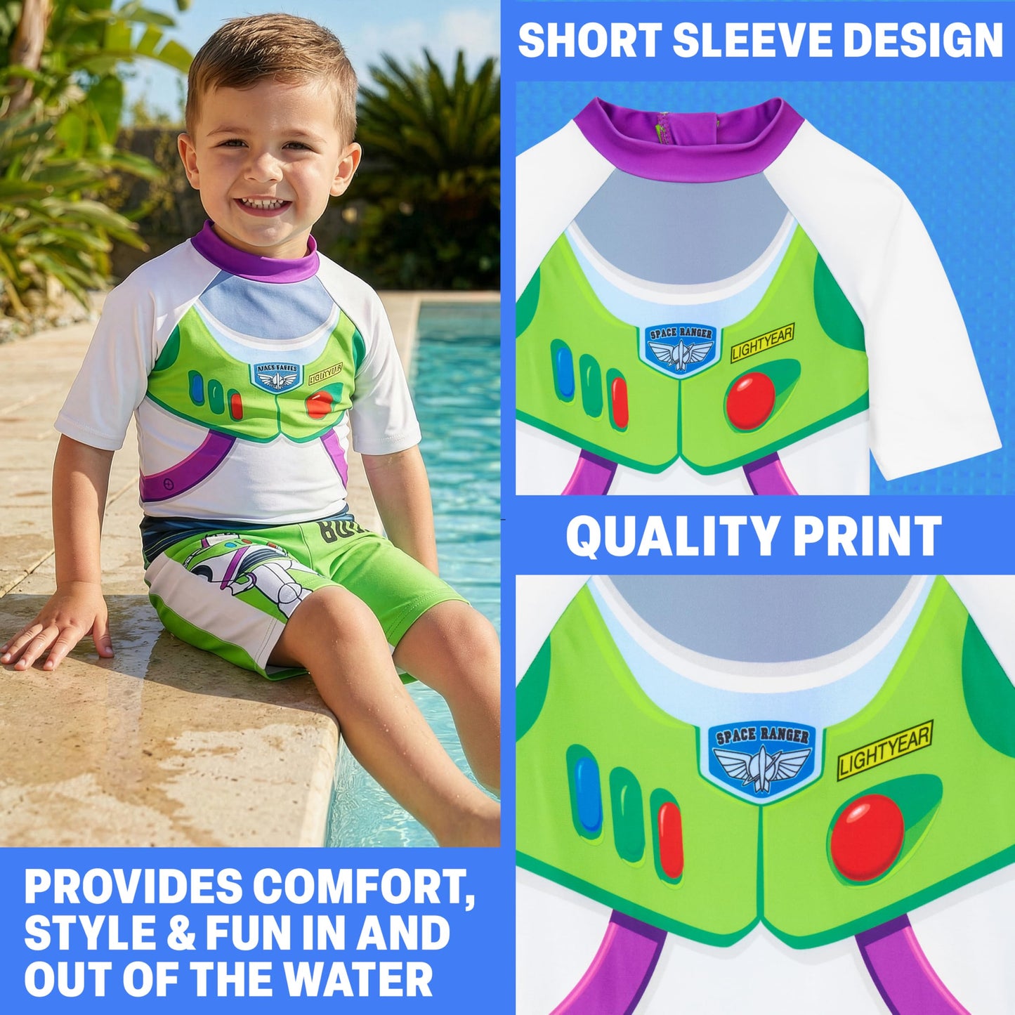 Toy Story Buzz Lightyear Boys Swimsuit Set, 2 Pcs Swimming Costume Swim Shorts & Rash Vest, Pool Beach Holiday Essentials (5-6 Years, White/Green Buzz)