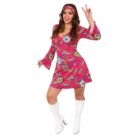 60's Floral Hippy Dress - XXLarge - Pink Floral Paisley Hippy Dress and Matching Go-go Headband - Perfect for 60's Fancy Dress
