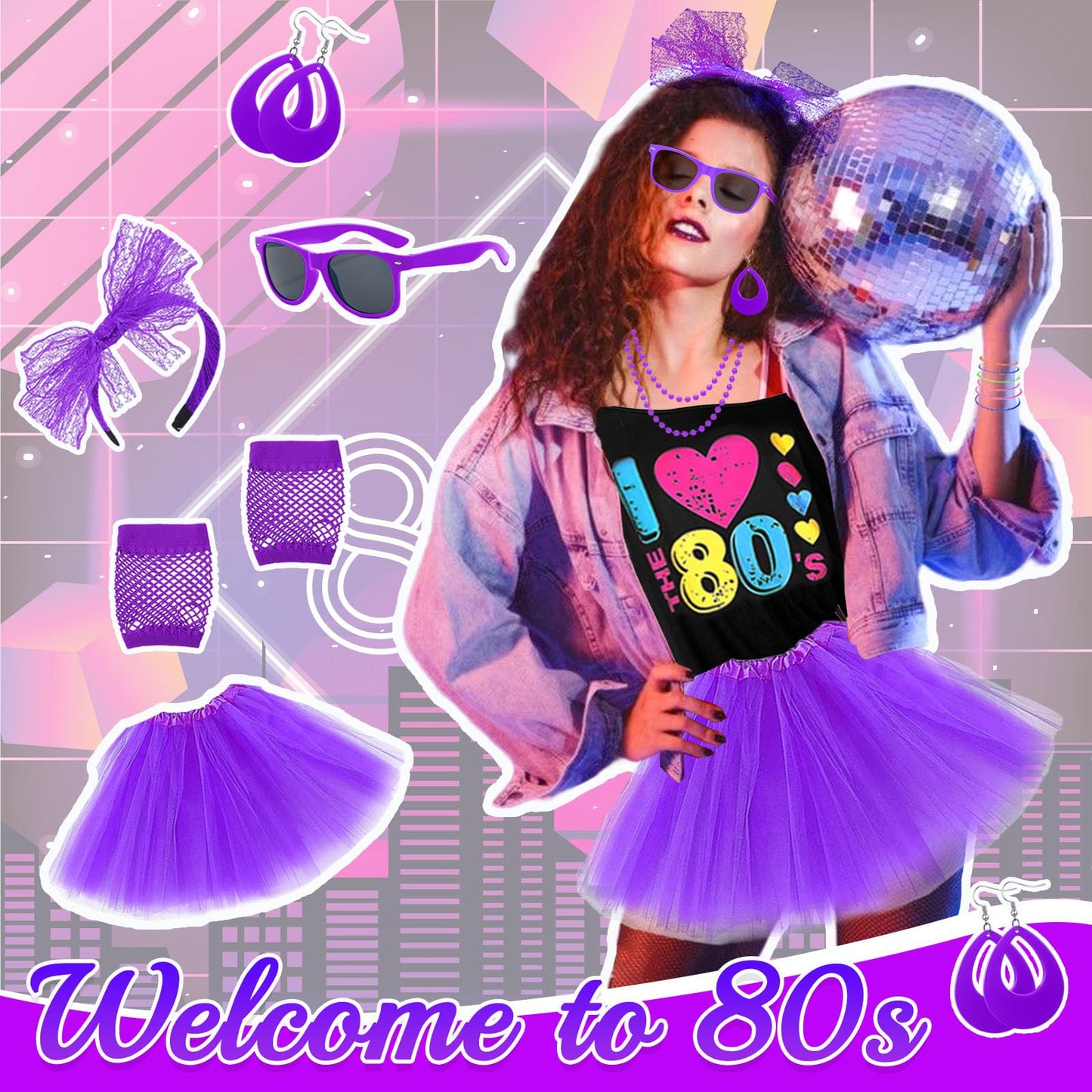 80s Costume Accessories Set for Women, 1980s Neon Party Kit with T-shirt Tutu Skirt Headband Earring Necklace Glasses Bracelet Fishnet Gloves Leg Warmers for 80s Retro Party Dress up (Purple, XXL)