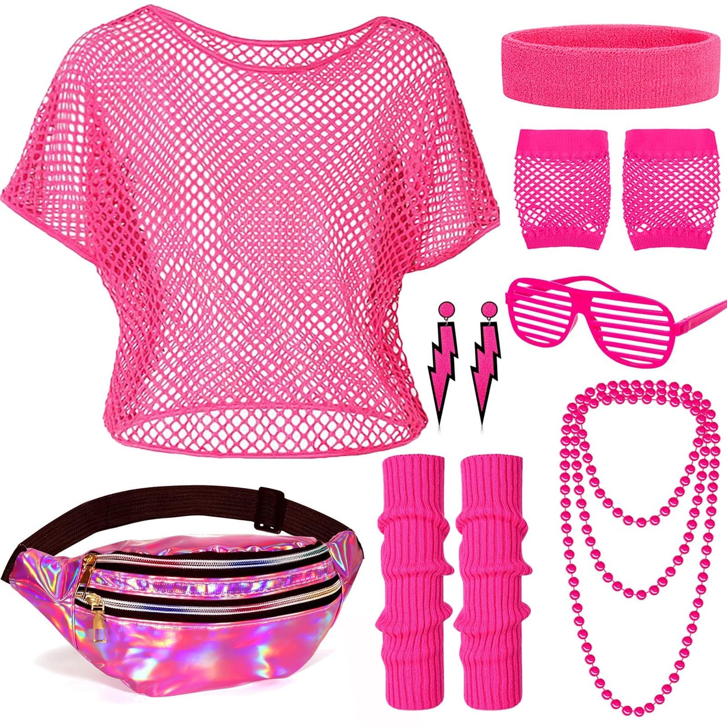 80s Fancy Dress for Women Neon Pink Outfit Set - 1980s Mesh Top Holographic Bum Bag Leg Warmers Fishnet Gloves Glasses Jewellery Ladies Retro Disco Hen Party Festival Costume Accessories (Rose Red)
