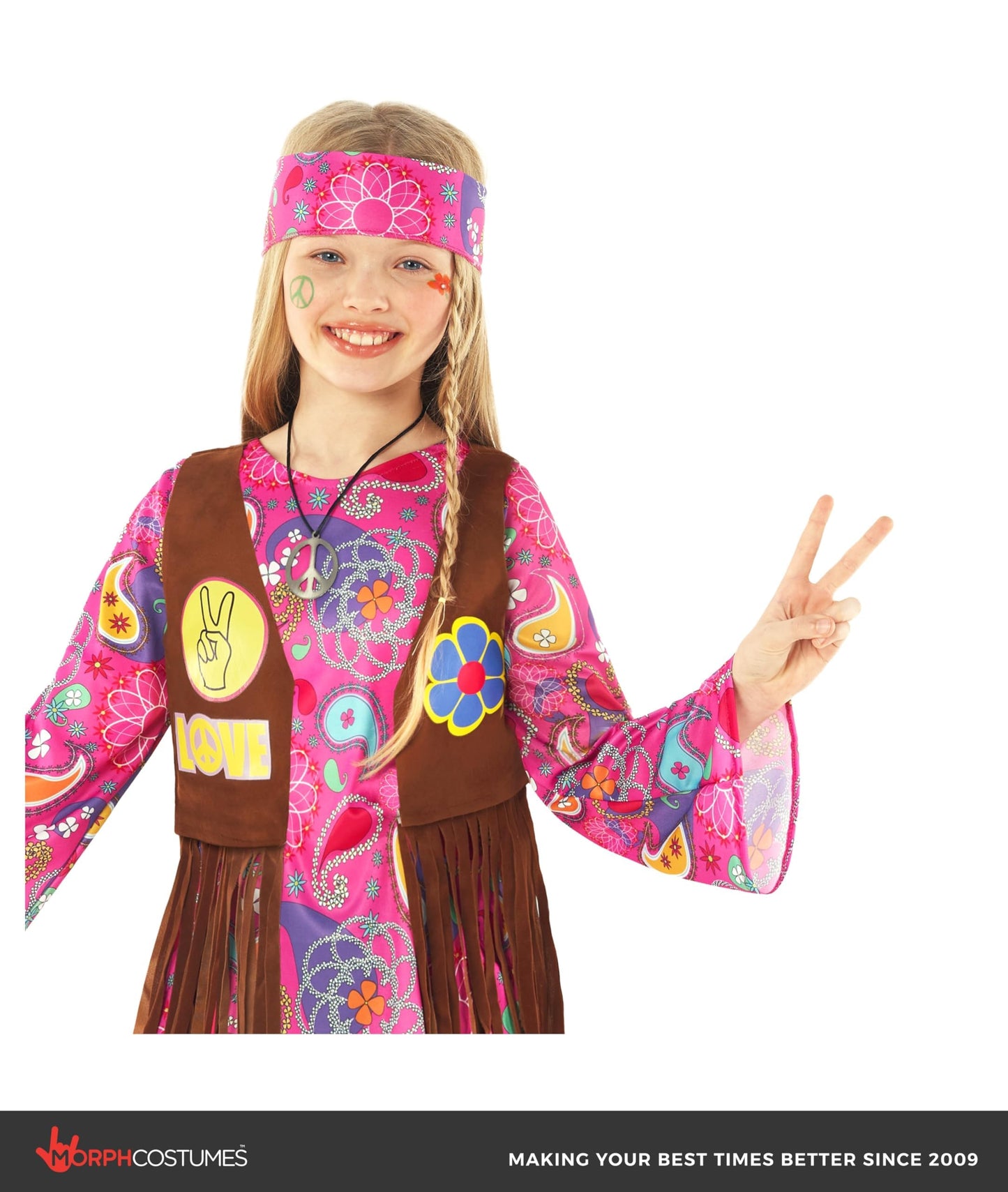 Morph Kids Hippie Vest Costume Dress - 70s Disco Outfit for Girls Halloween Costume, Retro Hippie Dress for Kids, Large