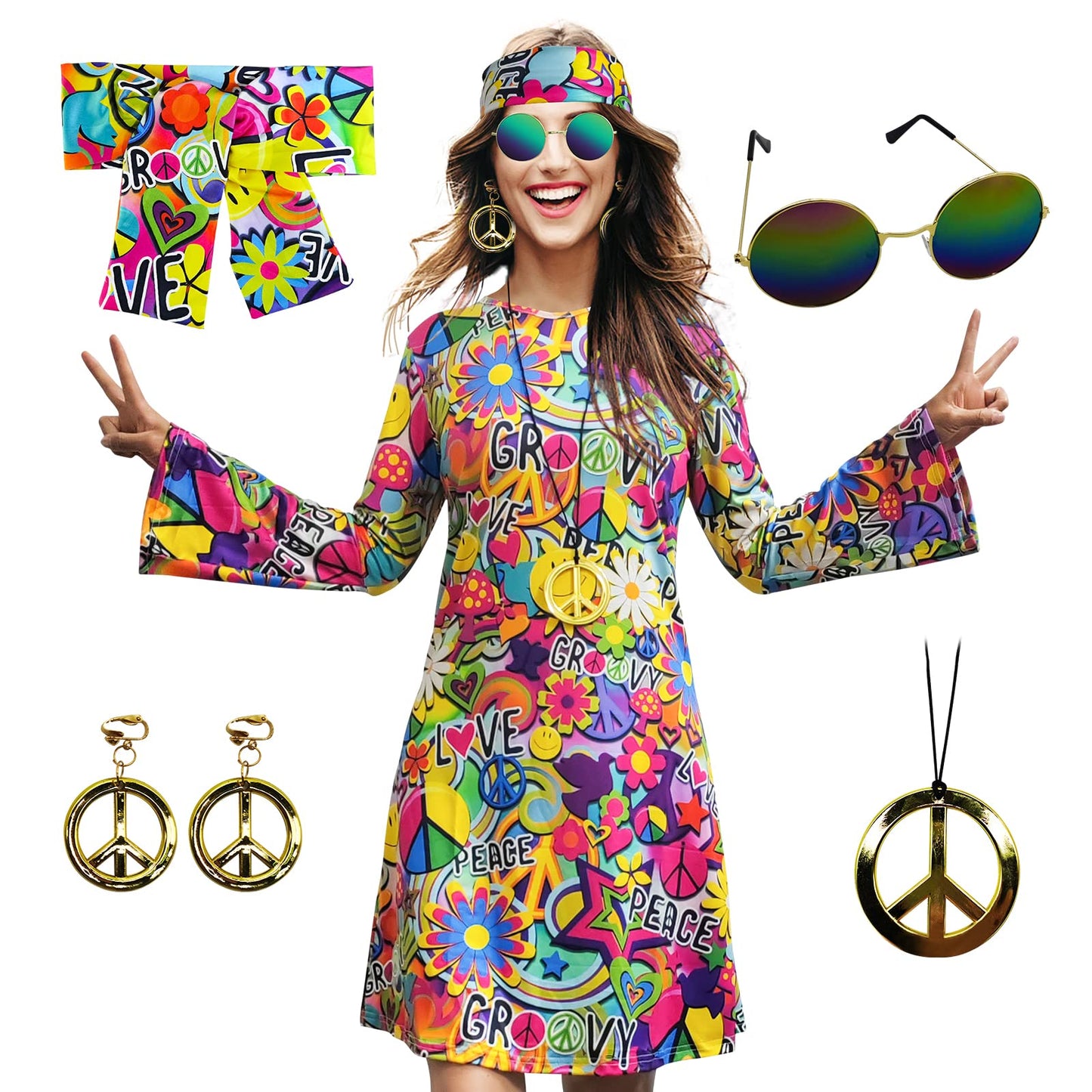 MRYUWB 70s Hippie Dress Costumes Necklace Earrings Sunglass Women Disco Outfit, 60s Party Costume, Halloween Retro Dresses (Love and Peace, 3XL) (F0154)