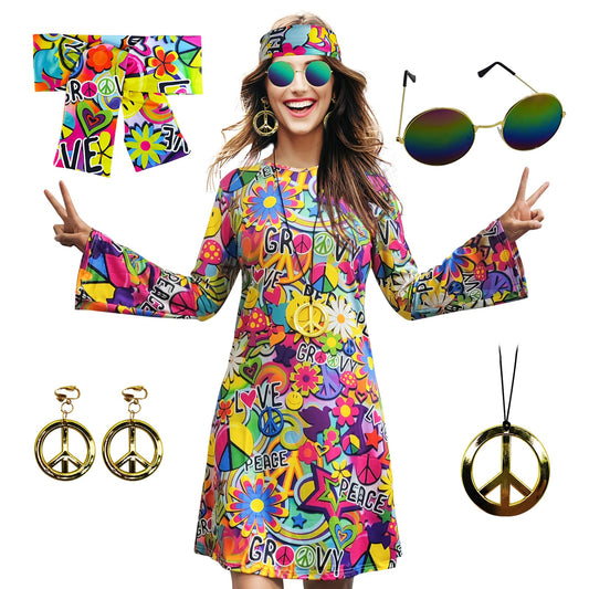 70s hippie dress set with peace necklace, earrings and accessories