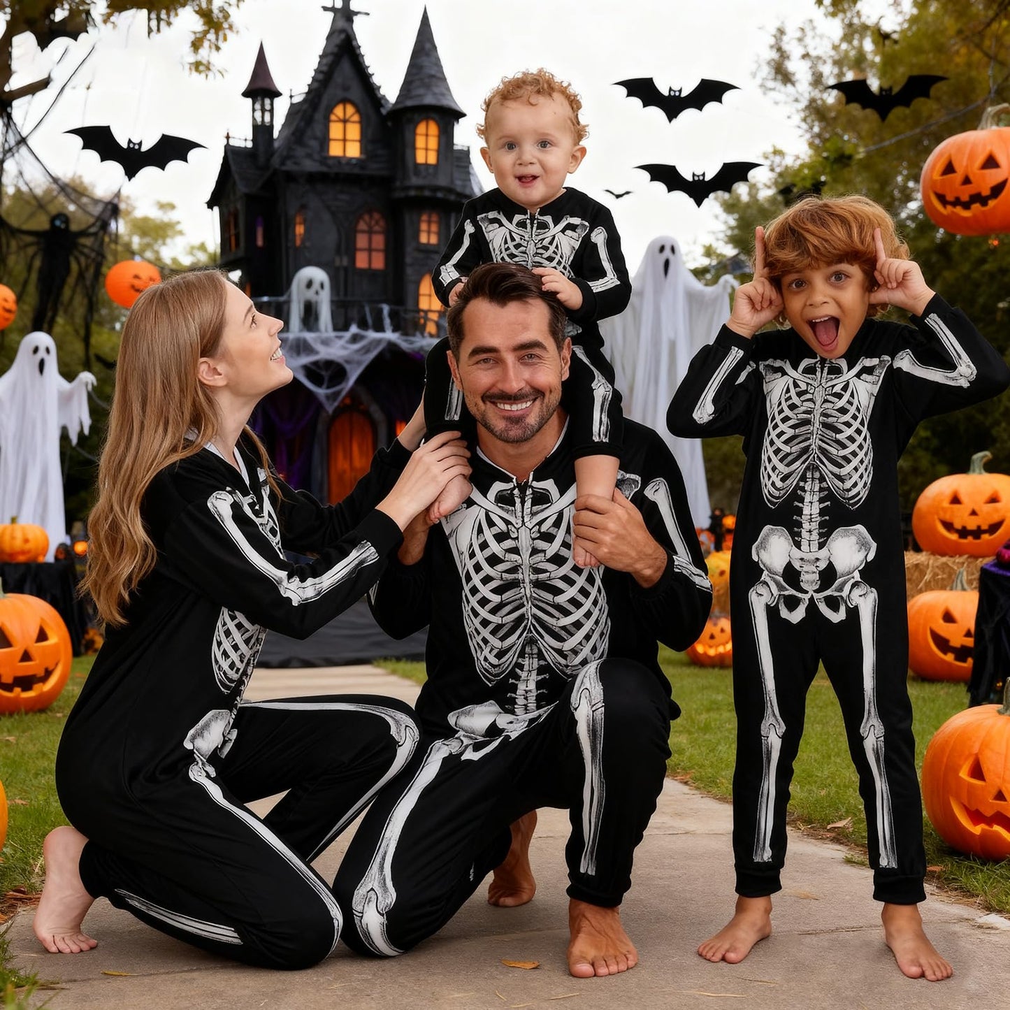 URMAGIC Family Matching Pyjamas Halloween Skeleton Costume Long Sleeve Hooded One Piece Jumpsuit Sleepwear Nightwear Pajamas Pjs for Men Women Children Boys Girls