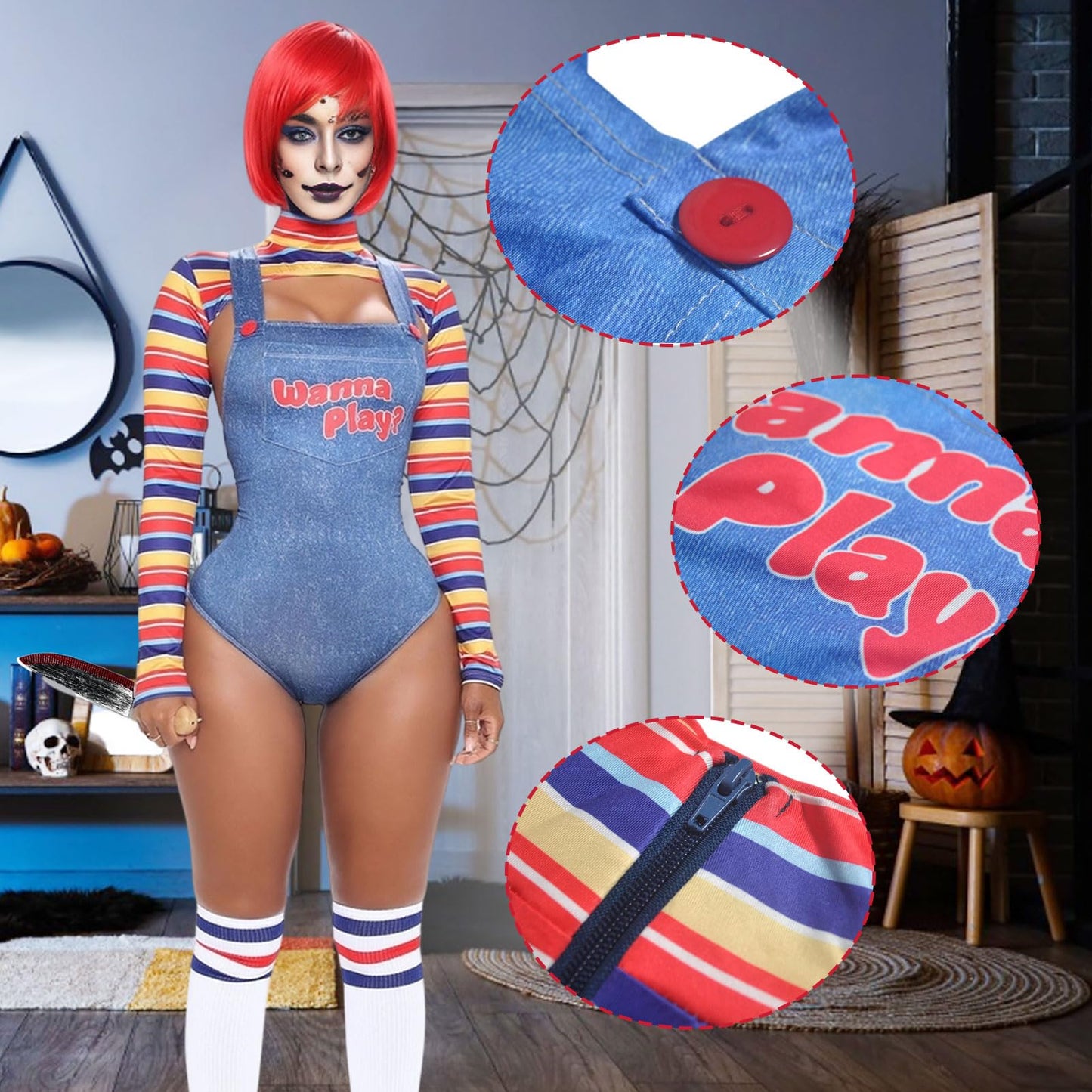 HarnyLoom Chucky Costume Women, Chucky Scary Costumes for Adult Girls Tops Overalls Killer Bloody Outfit Halloween Party Fancy Dress (M)