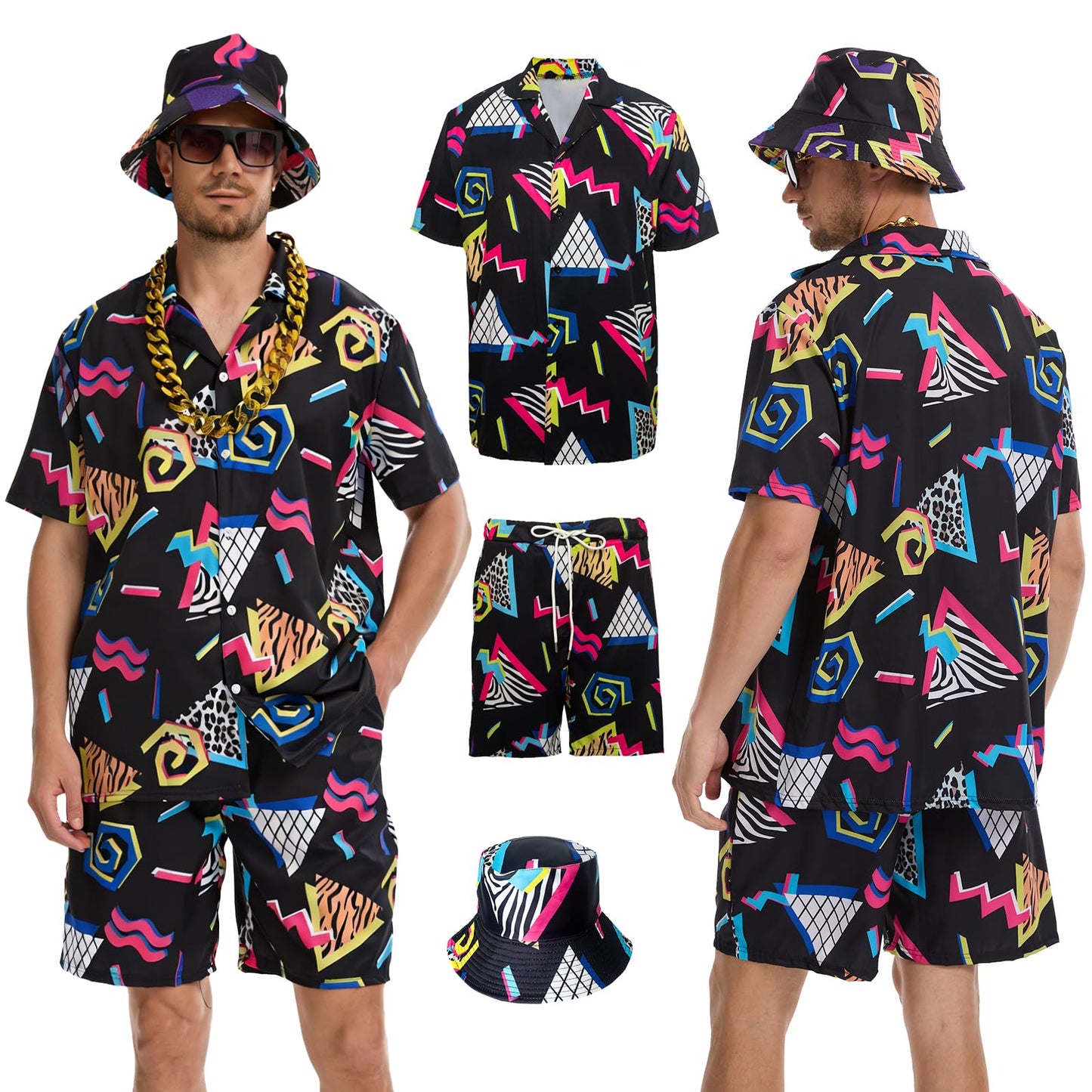 HZVRTN 80s Fancy Dress Men Hip-Hop T-Shirts And Shorts Set, 7Pcs Retro 80s 90s Hip-Hop Sportswear, Shell Suit Mens Fancy Dress Costume for Beach Party, Music Festival, Carnival, Disco (Black, L)