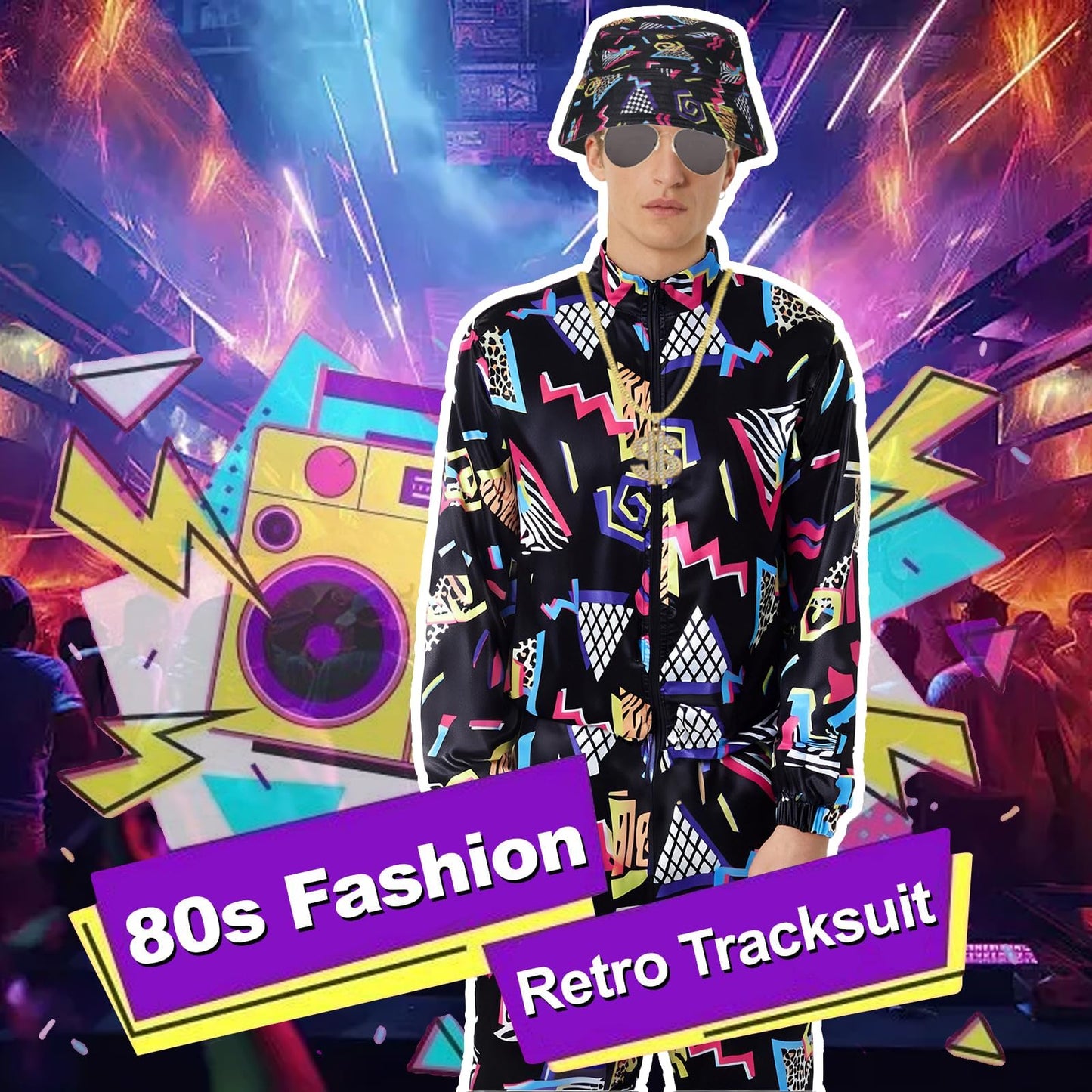 80s 90s Fancy Dress Men with Accessories, Retro 80s 90s Hip Hop Outfit for Adults, 80s Fancy Dress Set with 1 Sportswear Shirt Pant Hat Necklace Balloon Glasses, for 80s Party Carnival Rave (L)